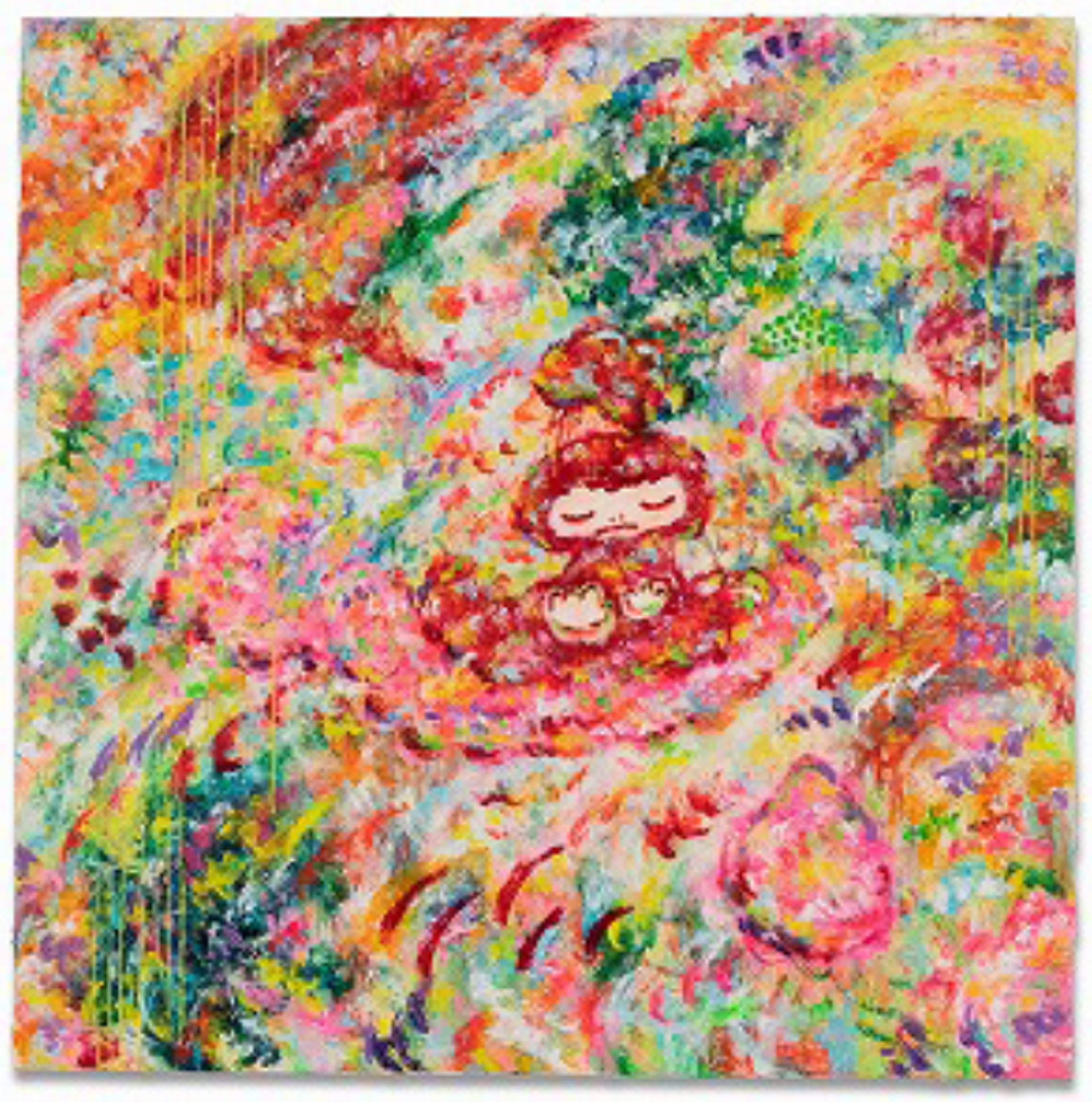 An abstract composition seemingly depicting a young female figure sitting in a field of flowers. Swirling pinks, greens, and yellows, applied using a fingerpainting technique suggest the flowers. The central figure has her eyes closed in an expression of sadness.