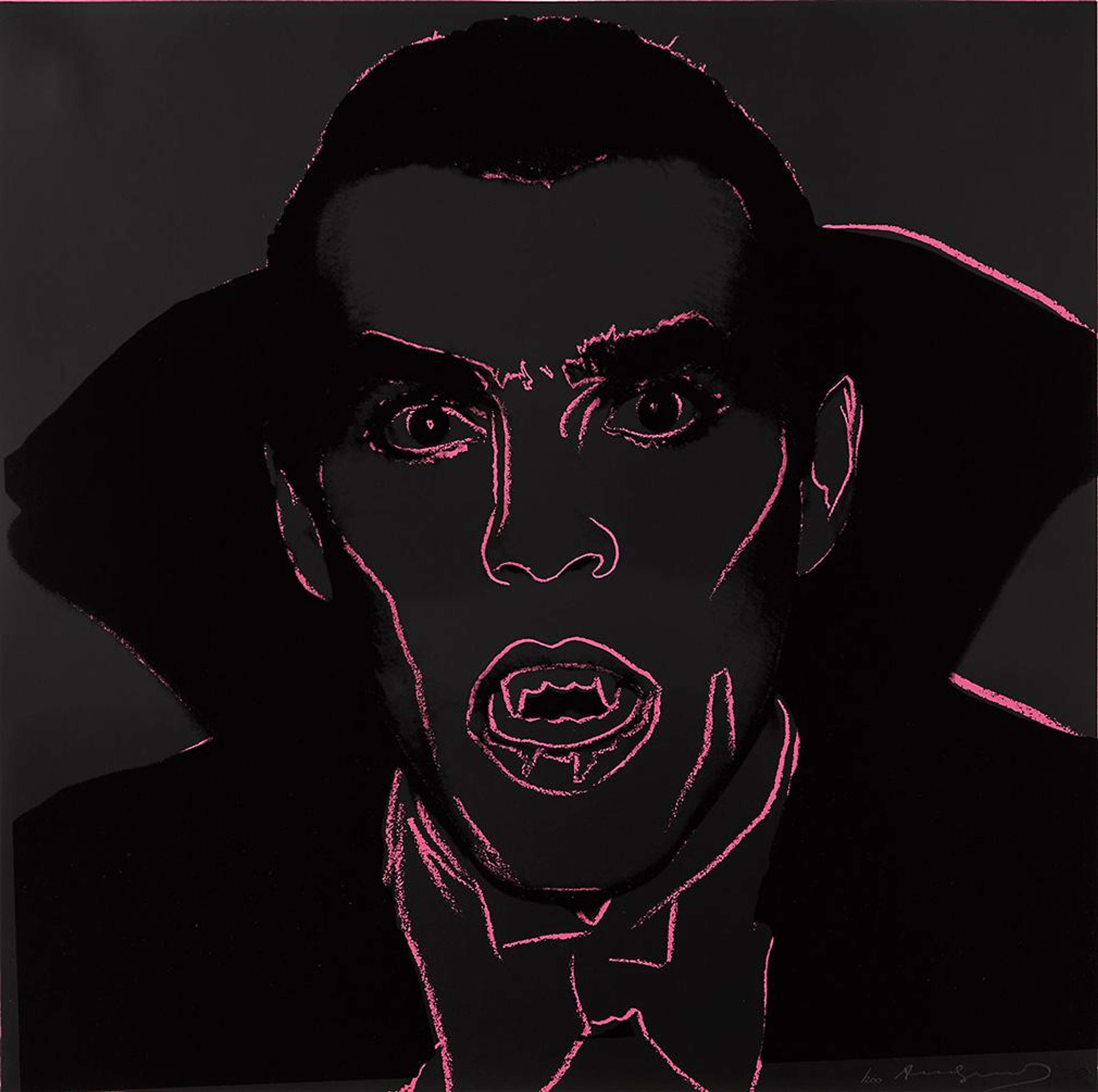 Andy Warhol screenprint of Dracula in vivid red and pink, on black rendered in a bold Pop Art style.