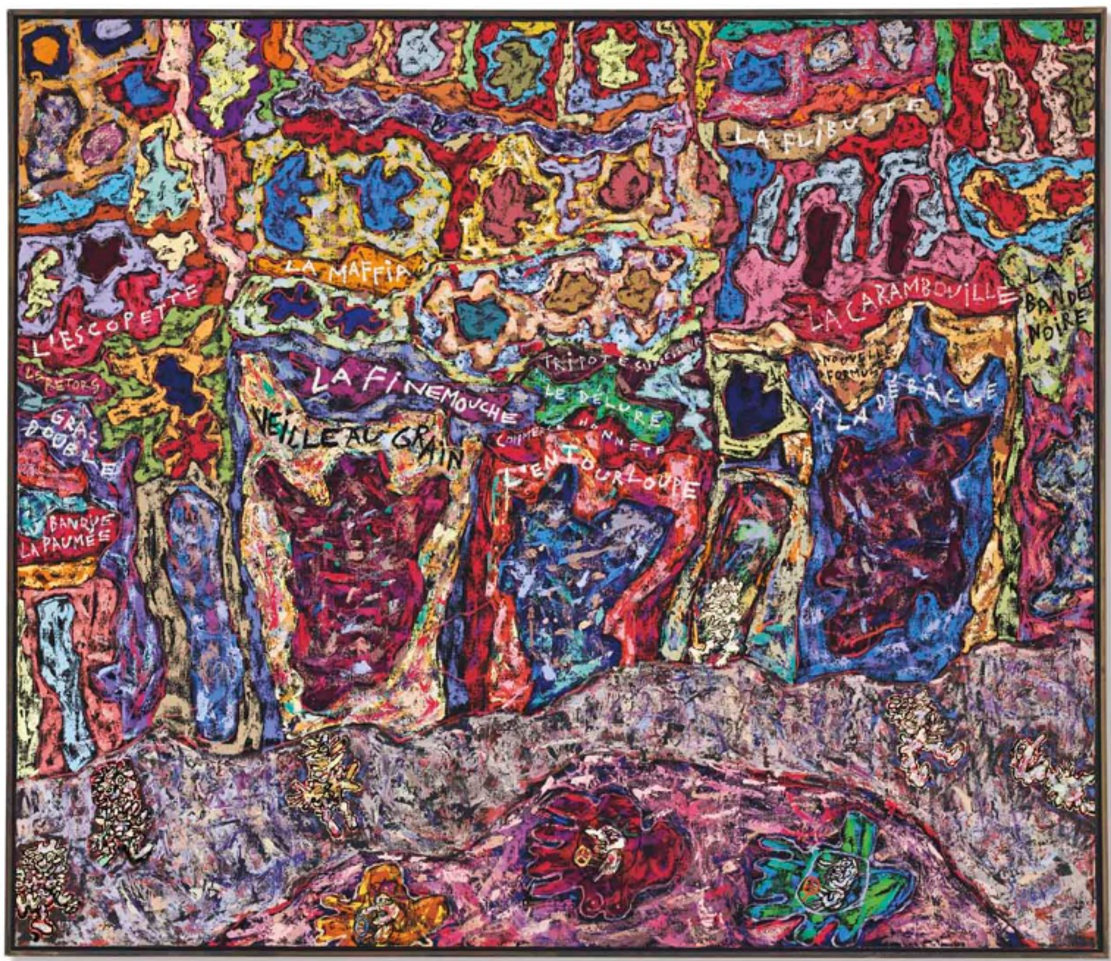 A complex, densely textured painting with irregular, organic sections of purple, blue, yellow, and red. Some sections bear the names of places or shops. The composition resembles a complex map, with some figures seen driving abstract vehicles along a road at the bottom of the piece.