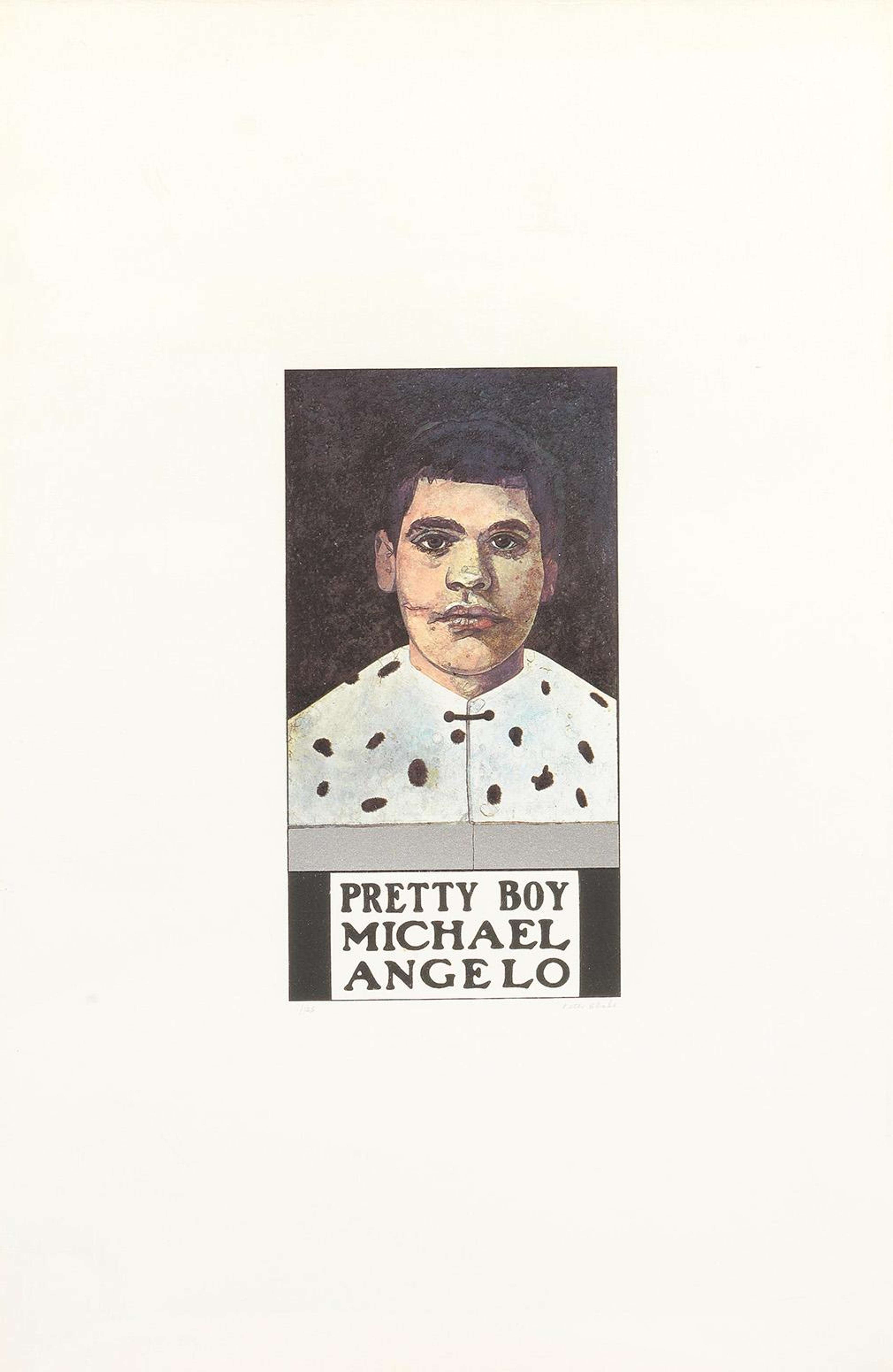 Peinture de buste représentant un homme regardant directement le spectateur, vêtu d'une cape blanche à pois noirs. L'œuvre utilise des couleurs sourdes. En bas, on peut lire les mots « Pretty Boy Michael Angelo ».