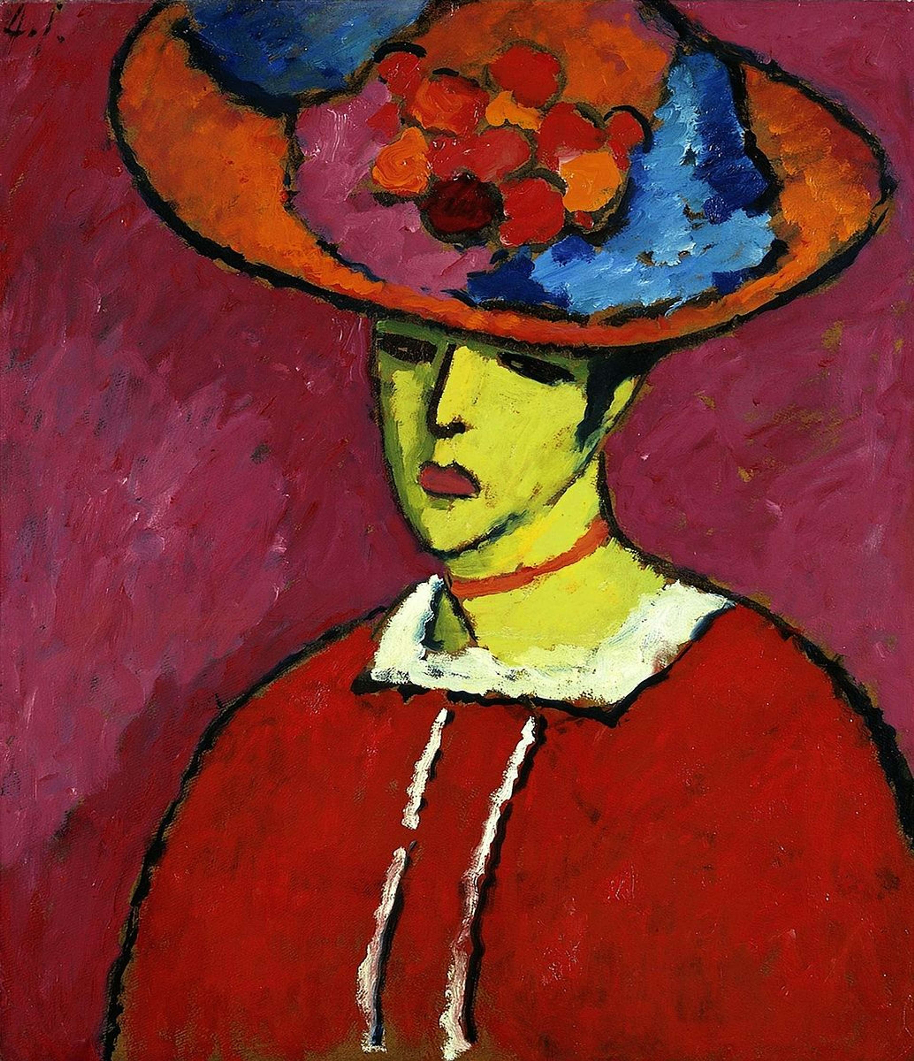 A woman in a wide-brimmed red hat decorated with pink and cobalt flowers, her face framed by a bold pink background. She wears a red dress with a high, white, ruffled neckline. The hat is tilted down slightly to cast her eyes into shadow. The style is simple, with expressive, textured brushstrokes.