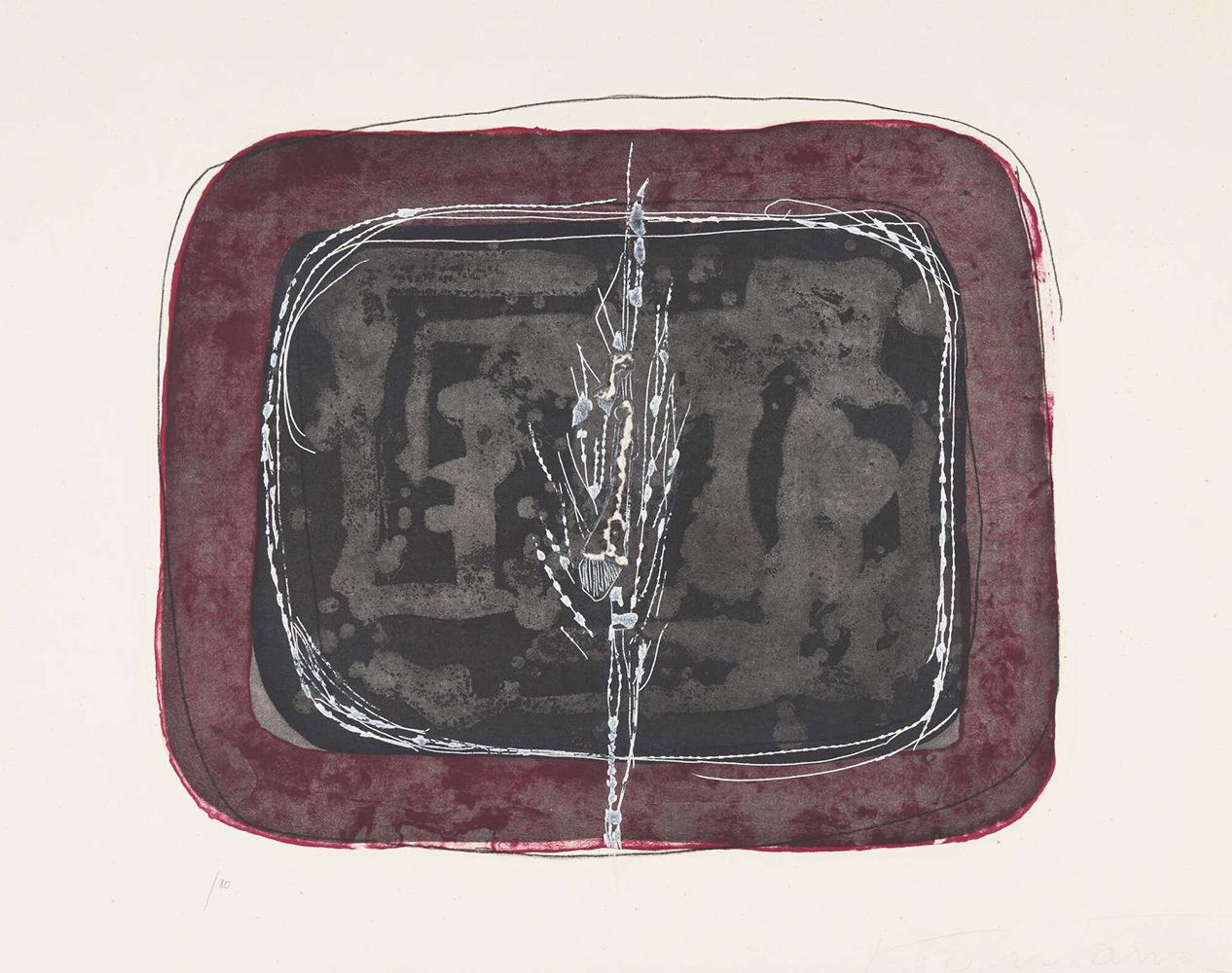 Un oblong vert foncé entouré d'un oblong rouge profond, chacun délimité par des éraflures et des perforations. Verticalement au centre se trouve une série de rayures et de trous acérés.