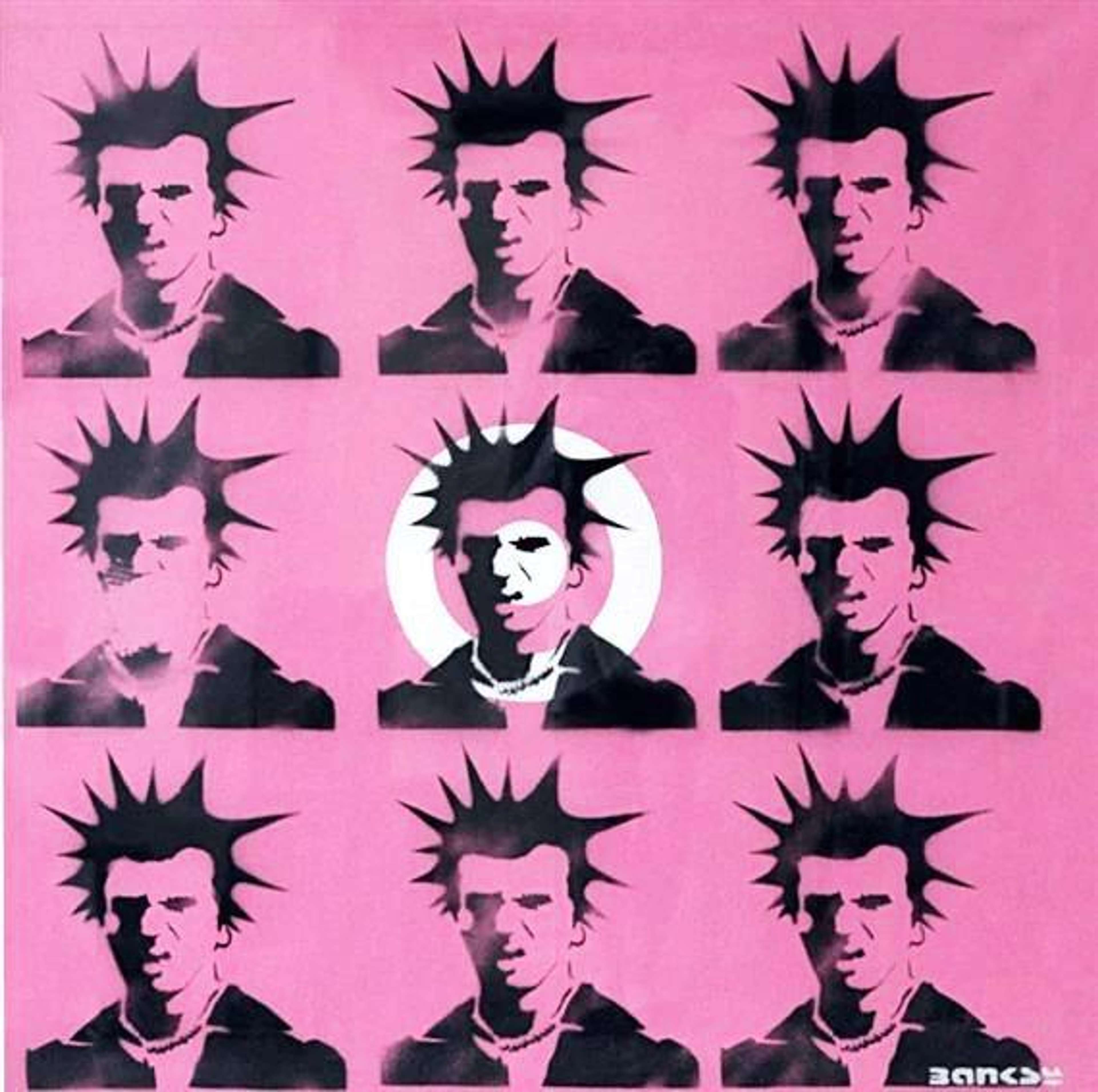 Banksy mixed media artwork of Sid Vicious with punk styling and target motif in bold stencil style.