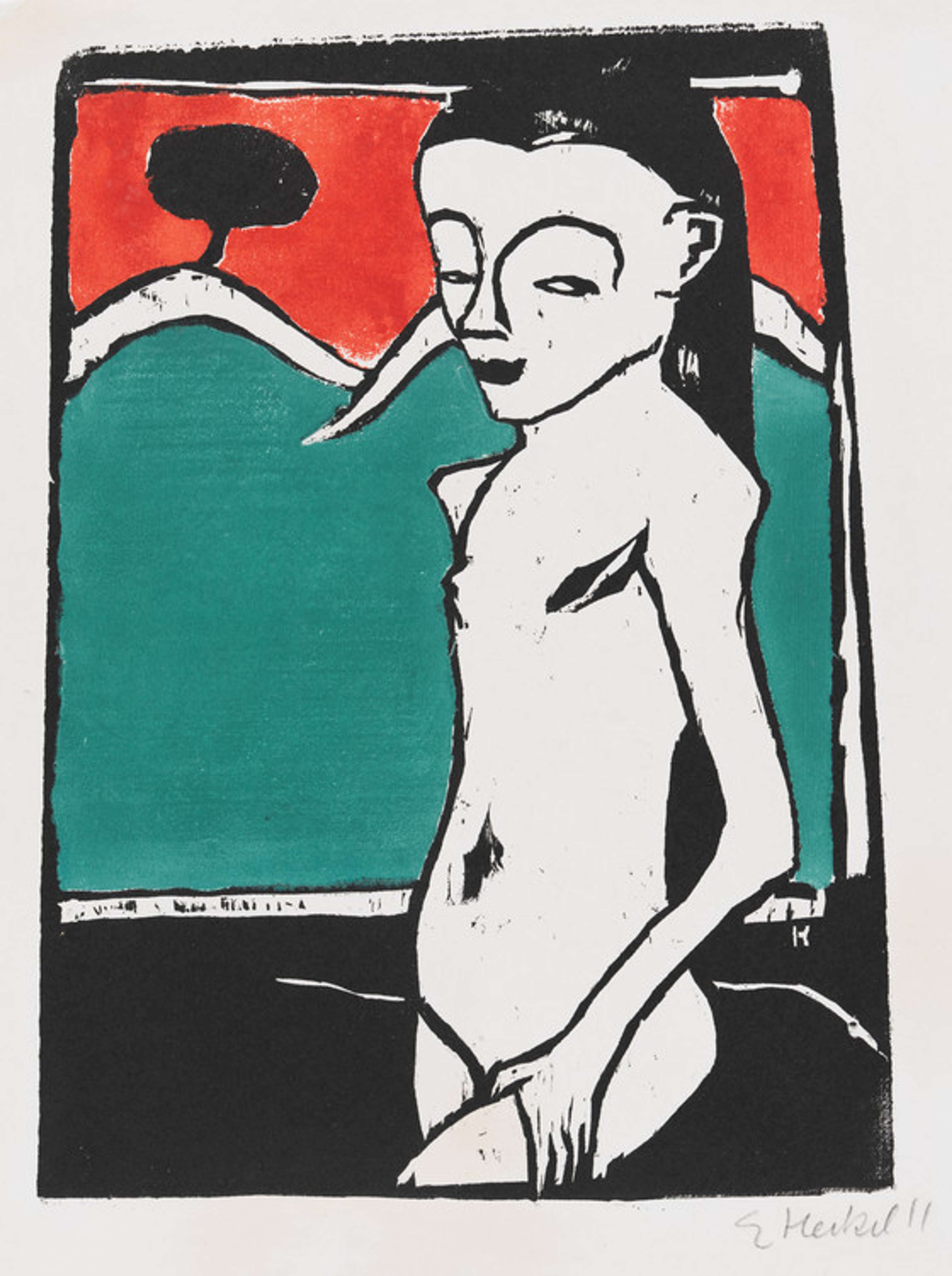 Une estampe en bois représentant un enfant nu debout sur un fond rural. On y trouve deux collines vertes, un arbre noir, une rivière bleue et un ciel rouge. Chaque élément est cerné d'un épais contour noir.