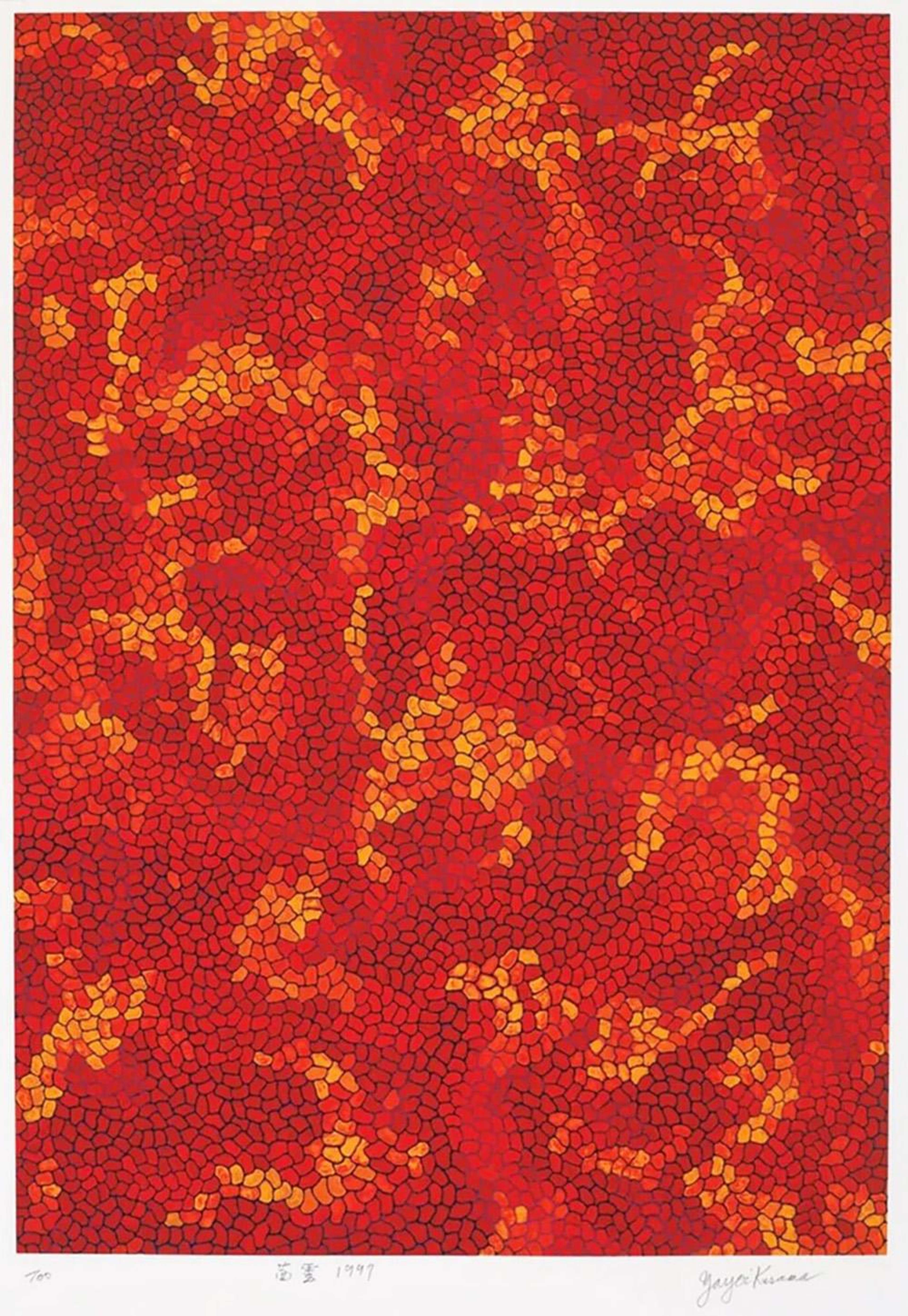 Une estampe de Yayoi Kusama, représentant un motif nuageux rappelant une mosaïque, réalisé dans des tons d'orange, de rouge et de jaune.