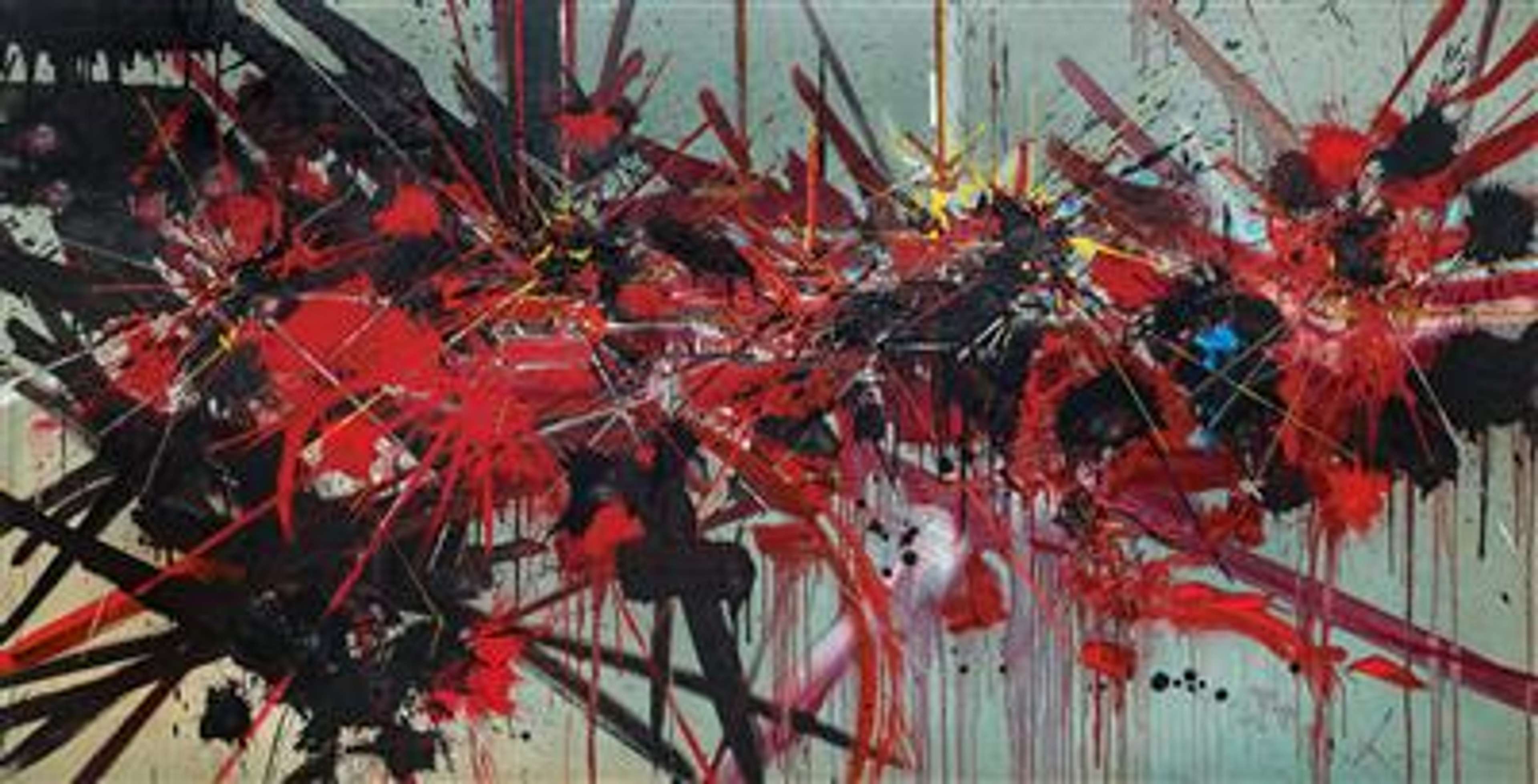 A wide canvas with a pale, almost frosted background. Black and red lines and splatters form a dense, starburst-like cluster stretching across the width of the centre, giving a sense of layered, rhythmic movement. Brief splatters of yellow and white are partially visible behind the red and black.