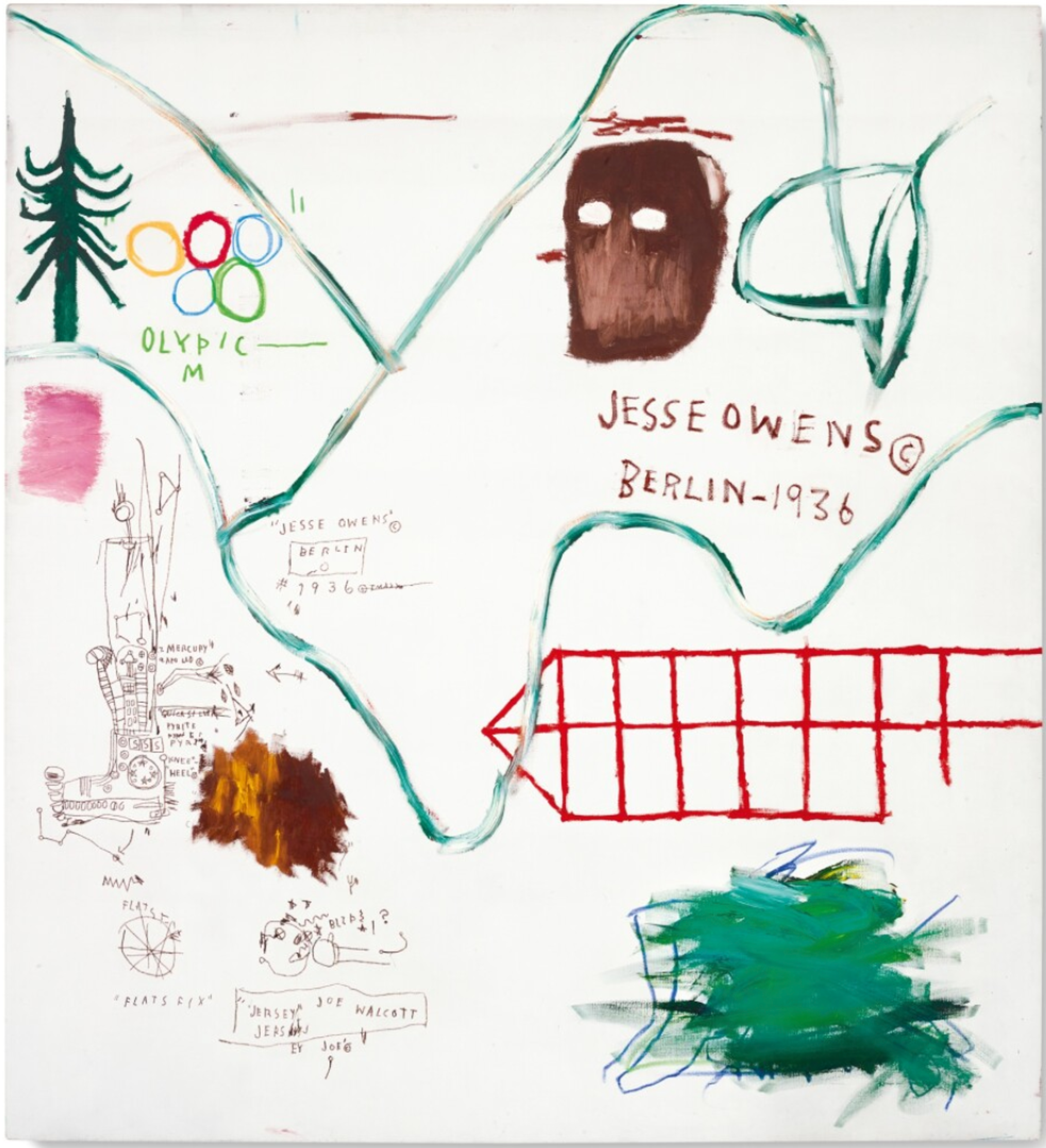 Une œuvre réalisée à l'acrylique et au bâton d'huile sur toile par Jean-Michel Basquiat, représentant une série de symboles et d'éléments textuels, reliés par une ligne sinueuse de couleur verte traversant le plan de l'image.