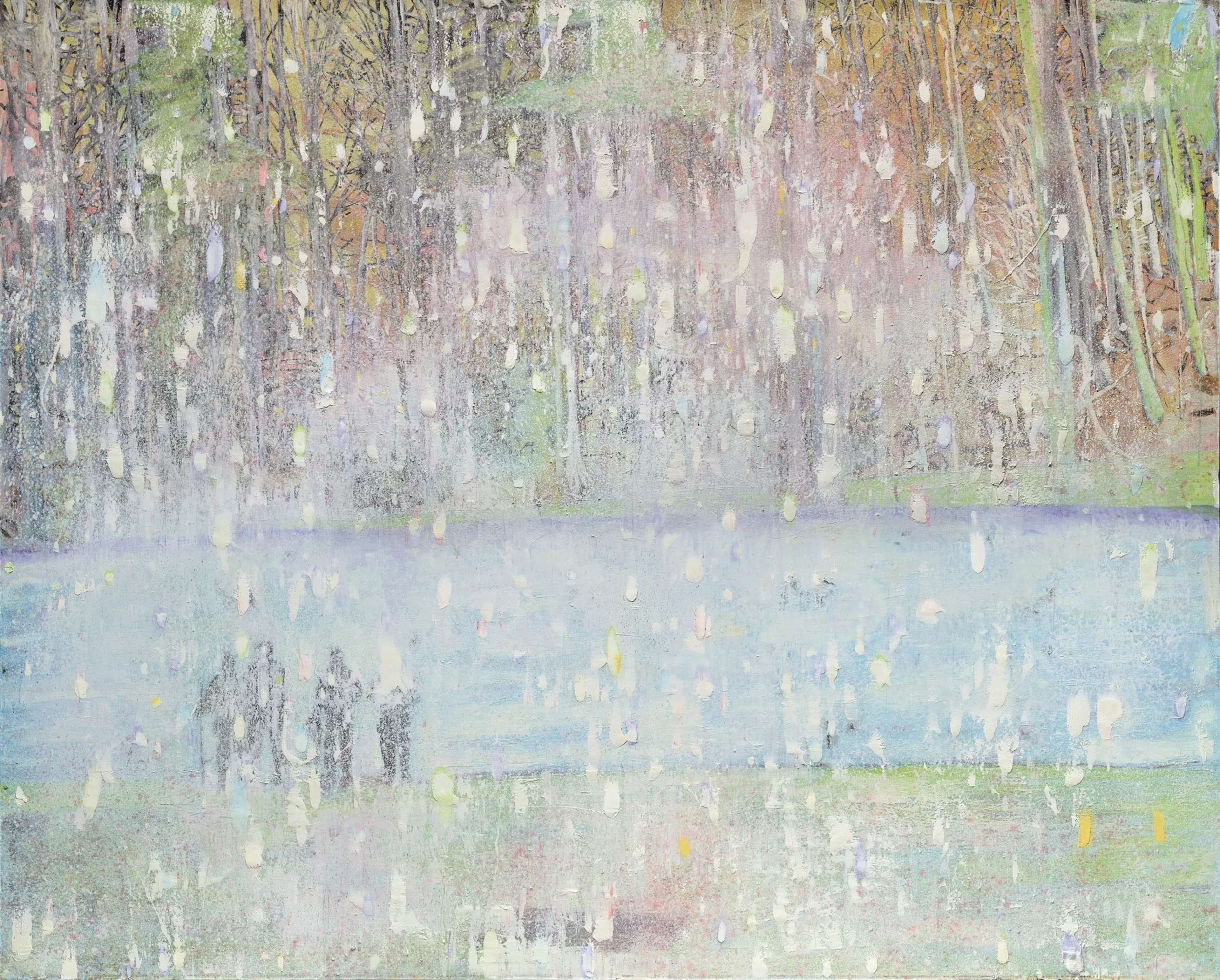 An abstract, atmospheric winter scene with textured layers of pale pinks and greens, and white smudges that suggest falling snow. Four misty purple figures appear on the edge of a frozen lake surface. The trees and branches of the forest on the other side are rendered in a rough, scratchy, unfocused way, with an amber background just visible beneath.