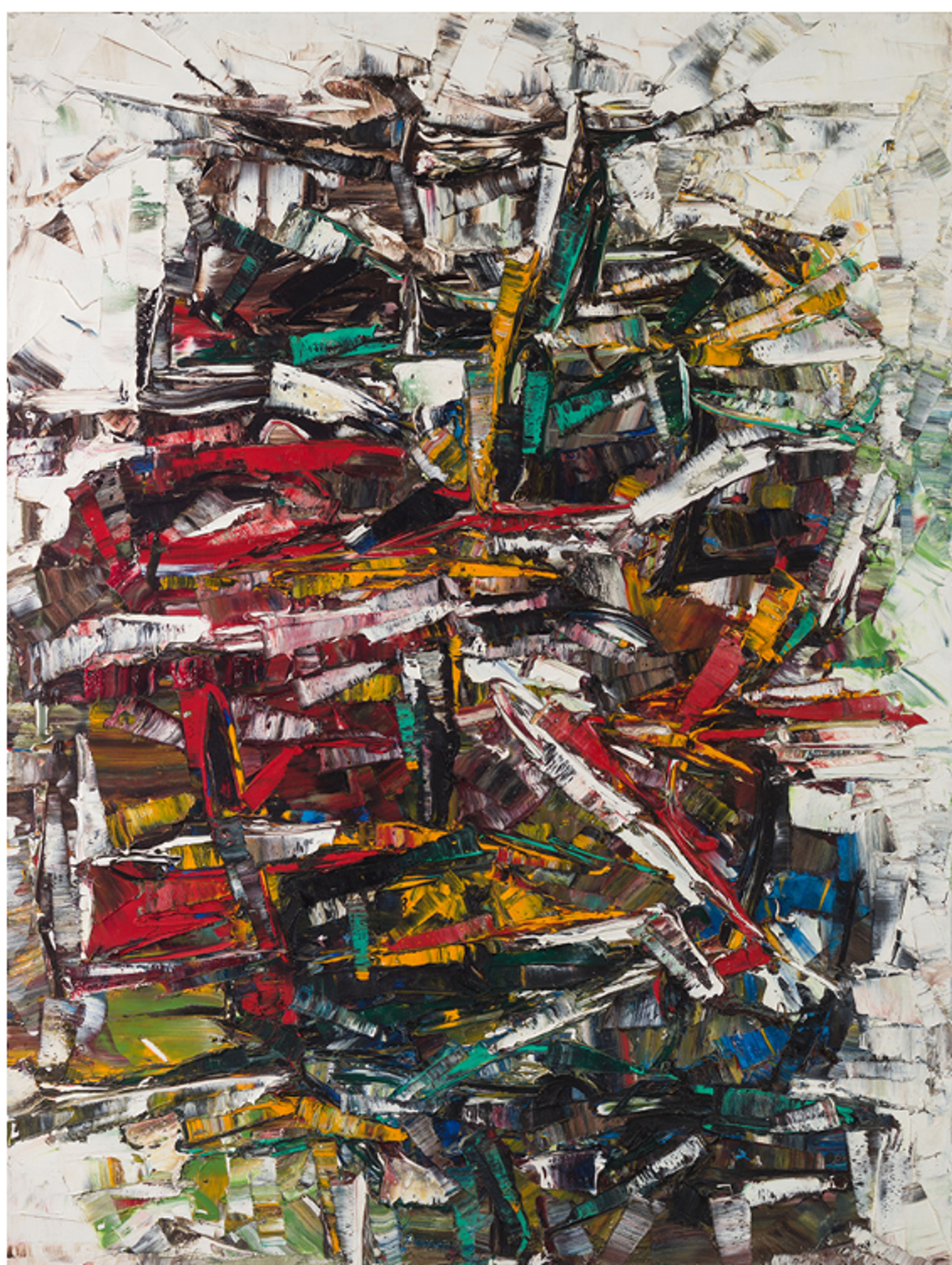 An abstract self-portrait with facial features emerging through aggressive paint layers. Two simplified eyes appear amid slashing strokes of white, red, and brown that both reveal and conceal the face. The textured surface appears violently worked, creating psychological tension.