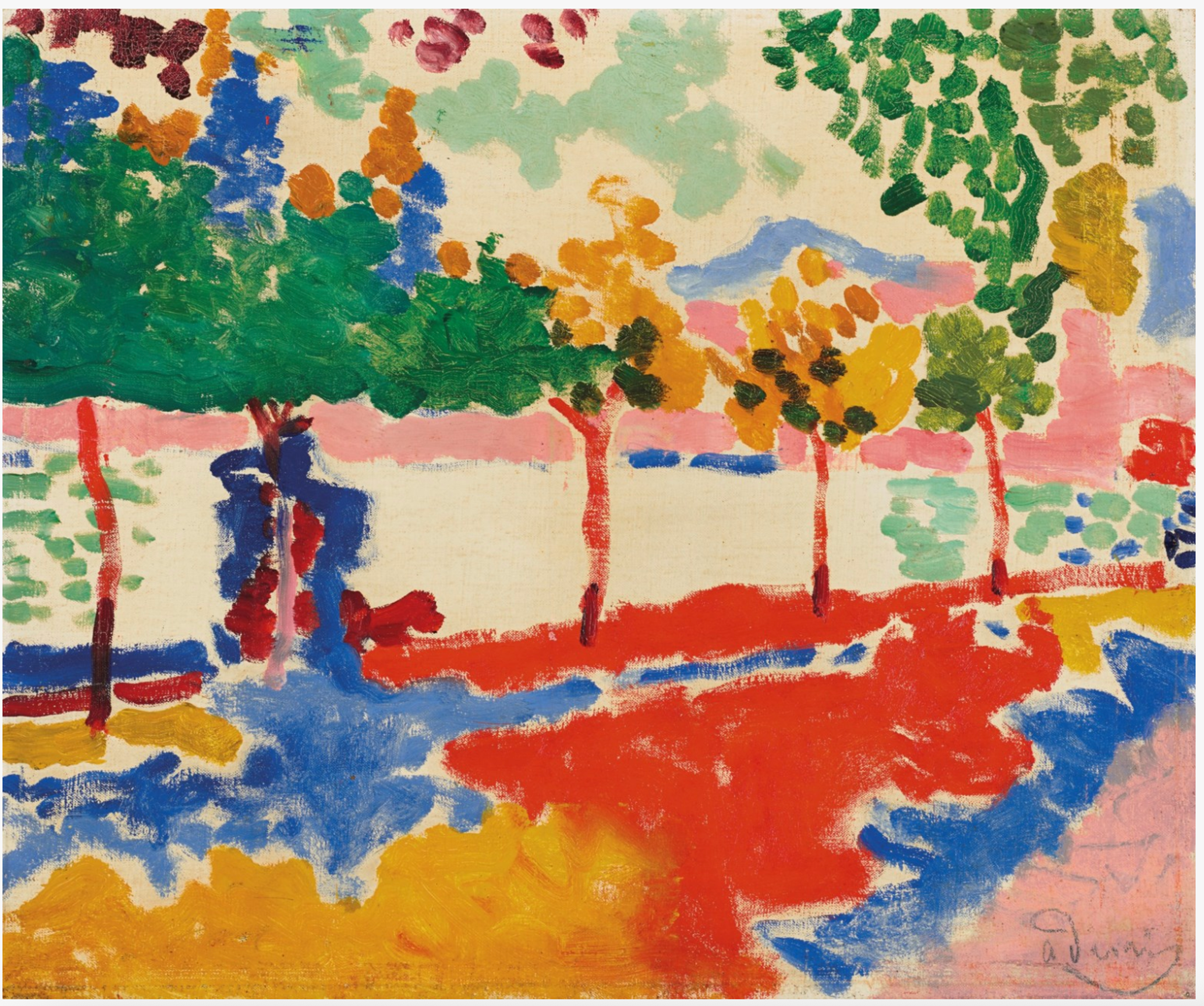 A painting of a tree-lined riverbank with flaming orange, cobalt blue, and cadmium yellow elements. Tall trees with pink trunks and green leaves line the bright pink and orange promenade. Turquoise elements on the surface of the water and yellow ochre clusters of leaves on the trees suggest the directional light of a setting sun.