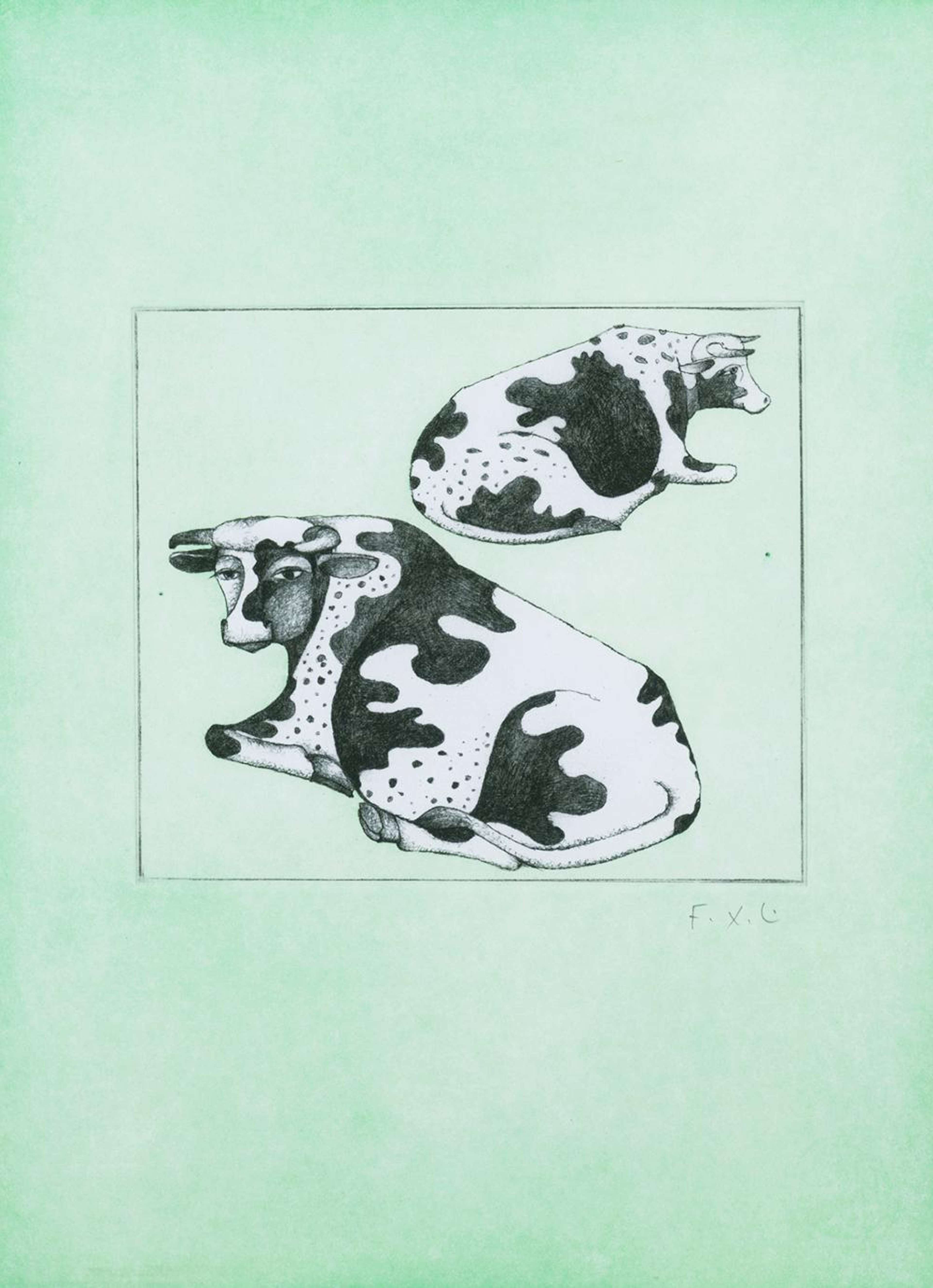 Deux vaches en noir et blanc sont encadrées par un mince carré noir, sur un fond vert clair. Les vaches ont des formes arrondies, avec des taches fluides mais maîtrisées. Toutes deux sont assises ; l'une regarde le spectateur, tandis que l'autre, plus éloignée, regarde vers la droite.