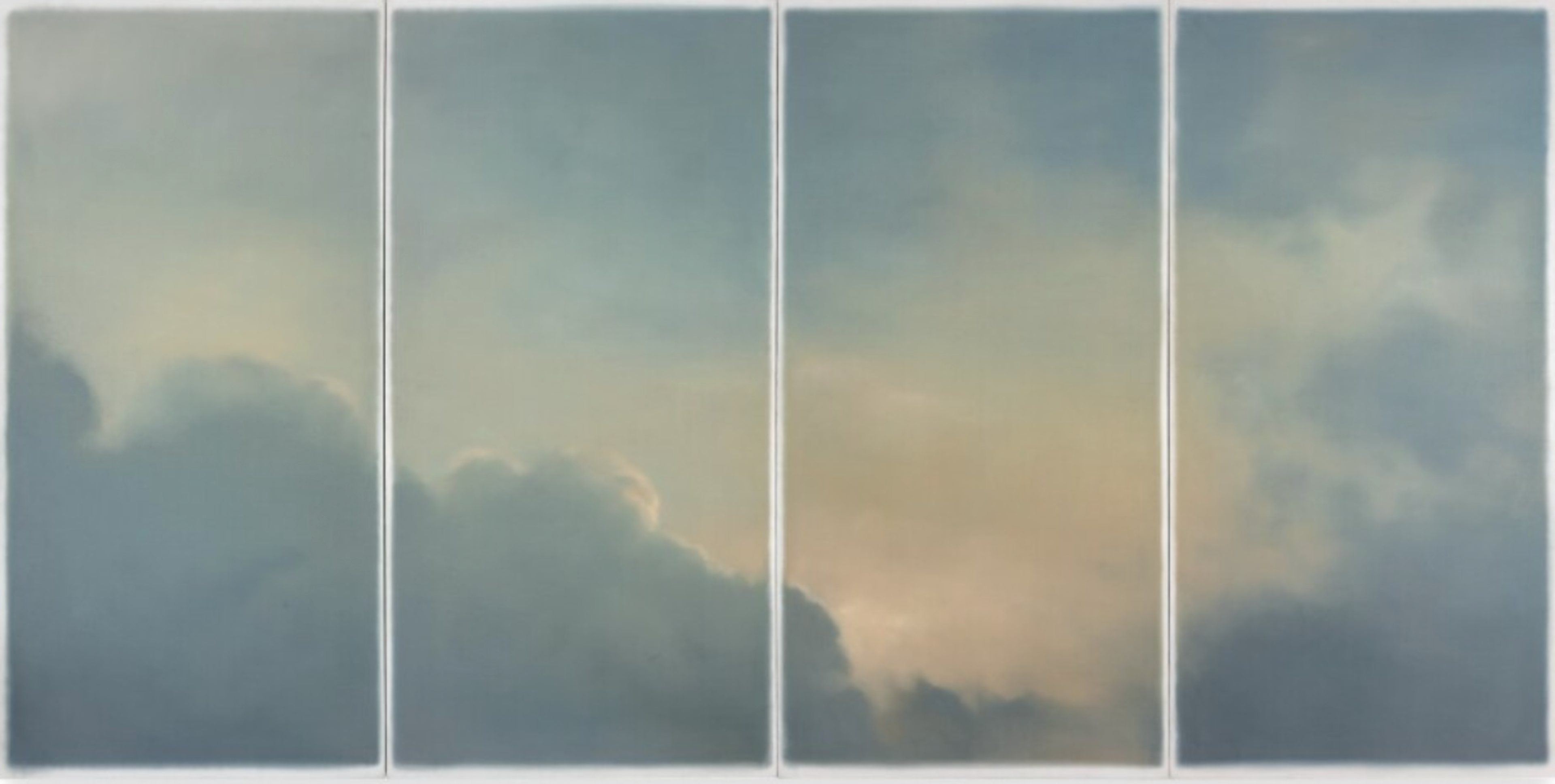 Peinture de Gerhard Richter, représentant un paysage nuageux dans des tons de bleu et de jaune sourds, divisée en quatre panneaux, évoquant la vue par une fenêtre.