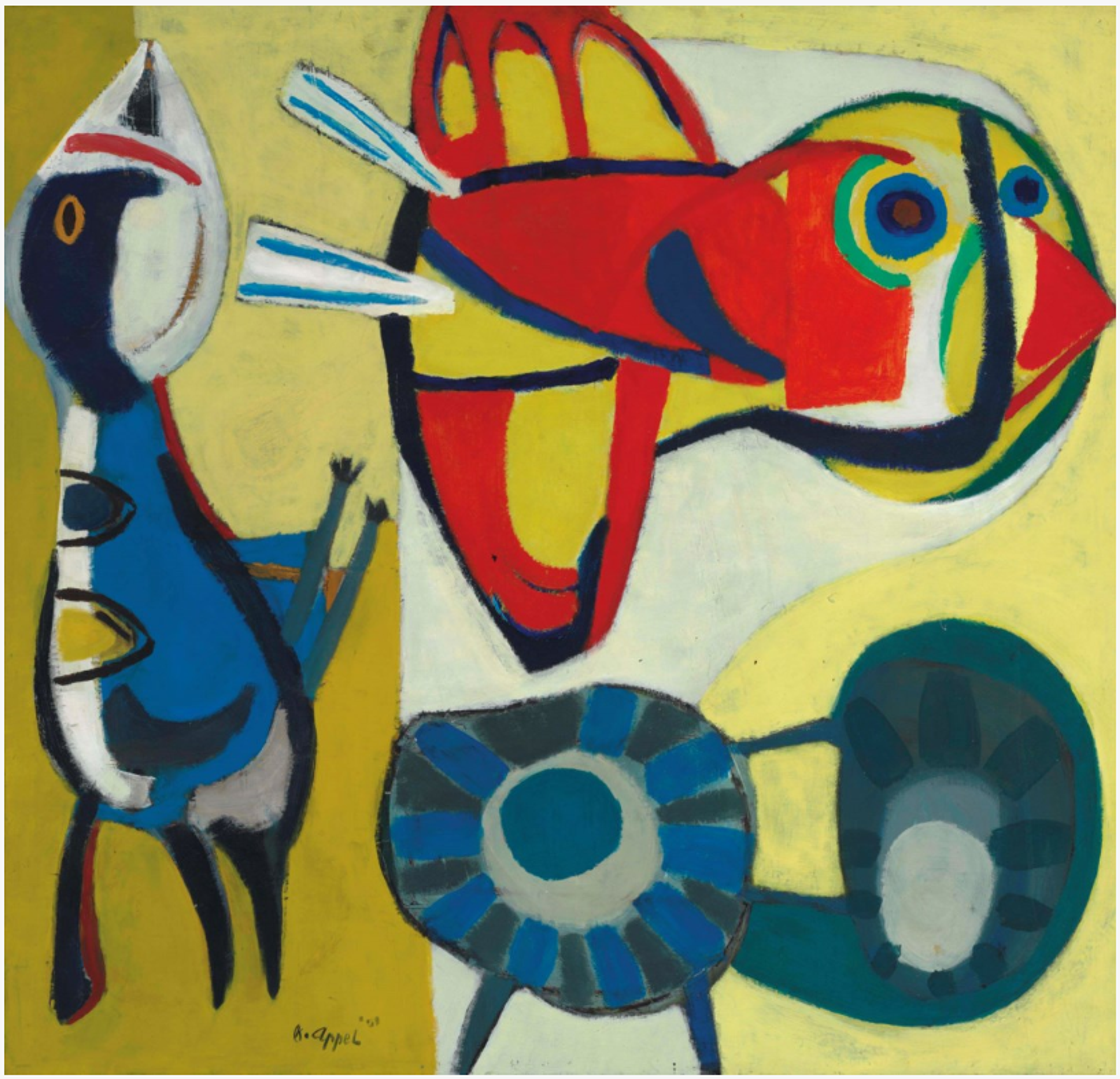 Playful composition with stylised bird-like shapes in red and blue against bright yellow background with bold black outlines. An abstract blue flower shape sits in the lower right section.