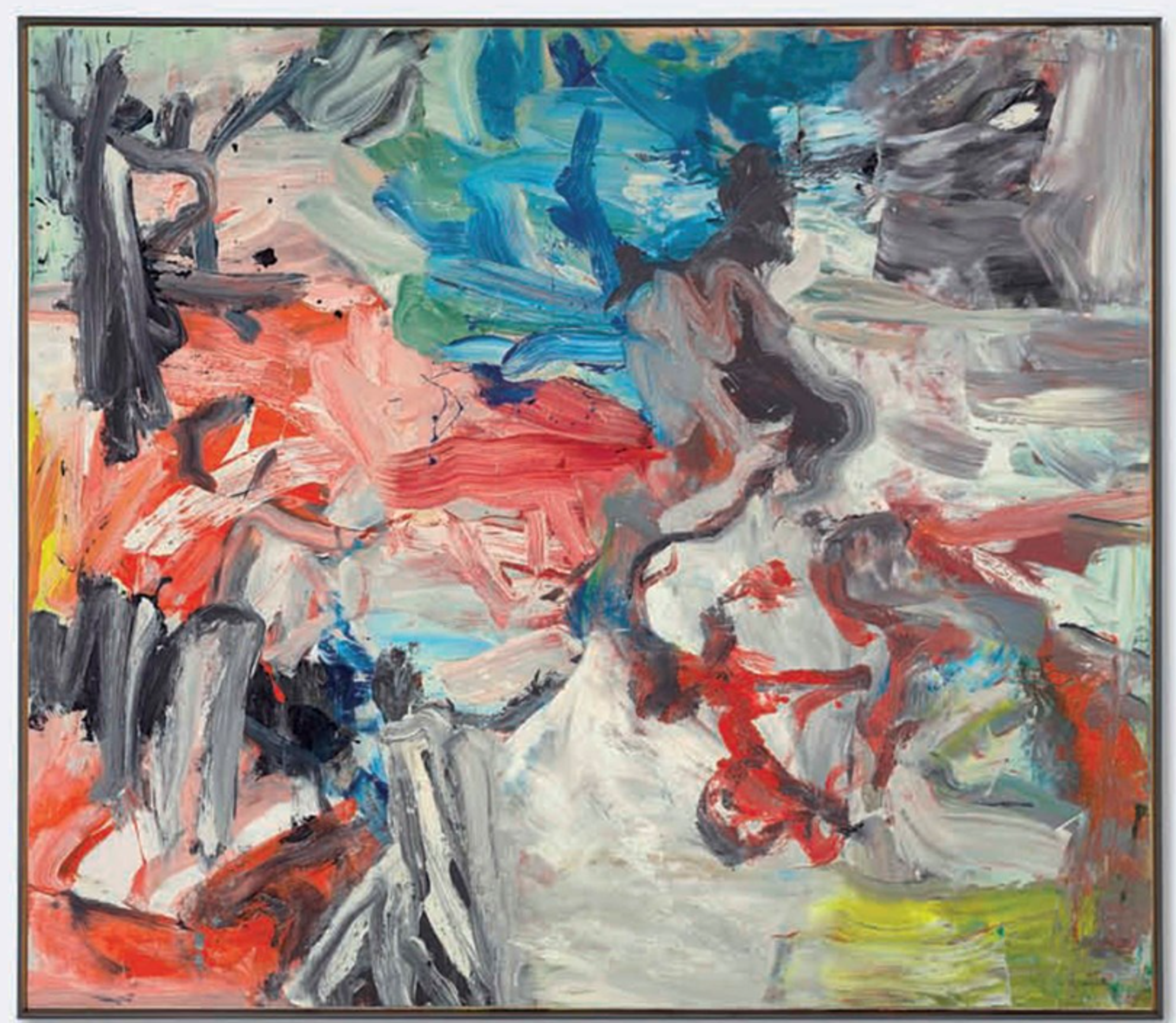 An abstract painting featuring expressive brushwork in red, white, grey, and green. The composition shows vigorous paint application with thick overlapping strokes.