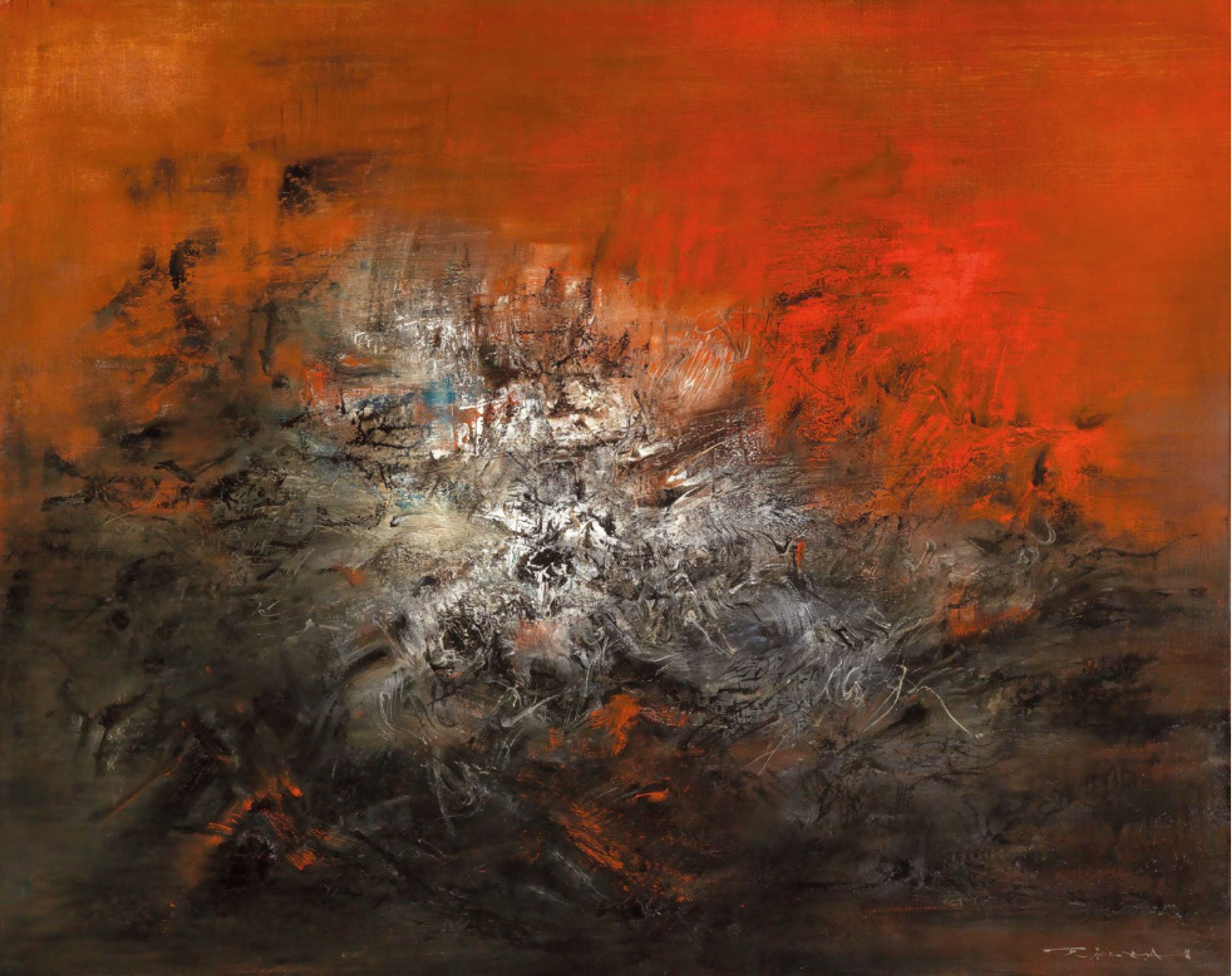 An abstract painting dominated by a fiery orange-red background with a central explosion of gray and white, surrounded by dark textural elements. The composition creates the illusion of light breaking through dark, angry clouds.