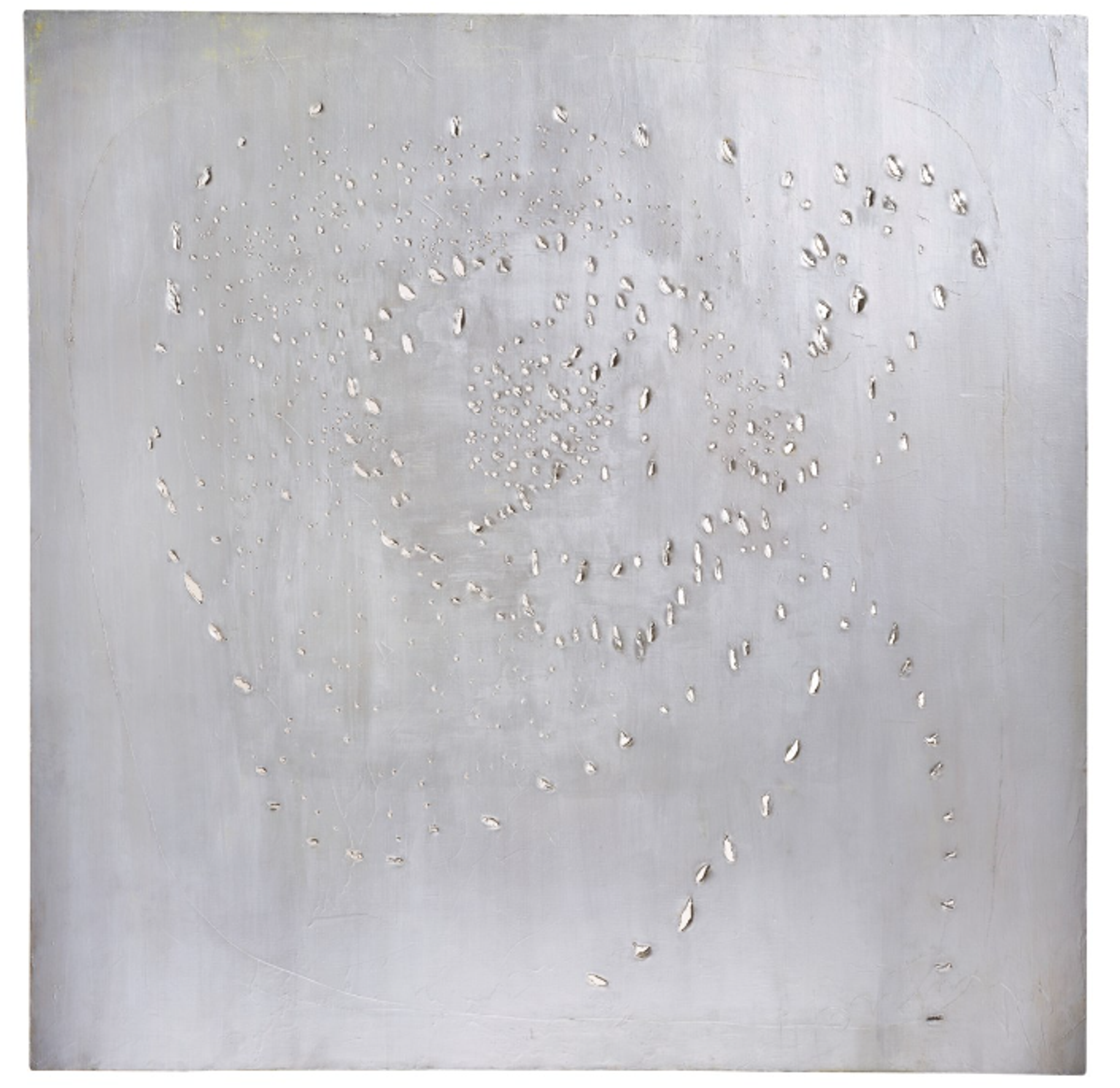 A metallic silver square canvas with perforations arranged in irregular circles and swirls. The perforations get generally smaller towards the centre. 