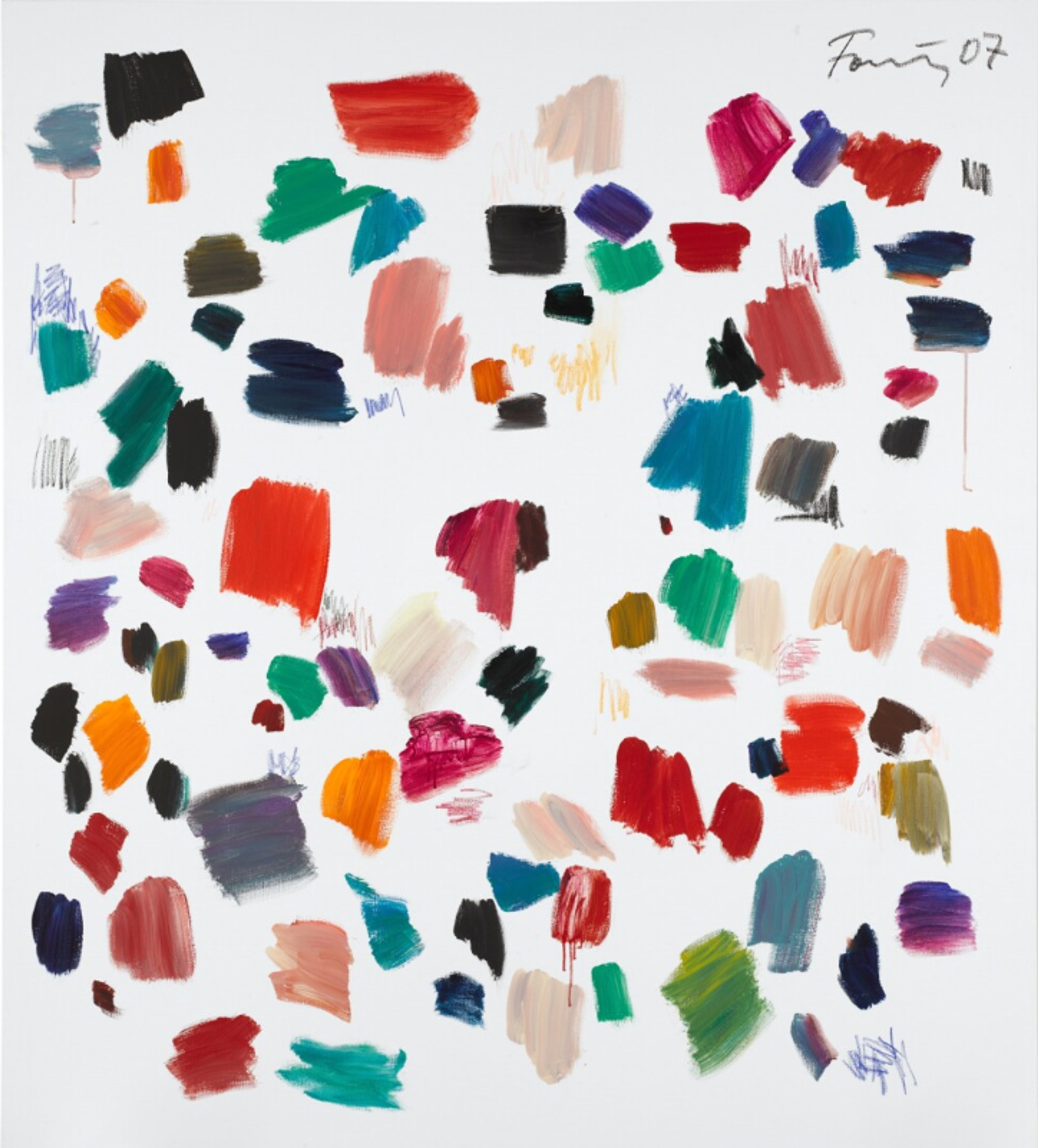 The painting displays multicoloured brushstrokes against a white ground, with spots of vibrant colour appearing to float across the surface. The brushstrokes vary in size and intensity, with some appearing more opaque and others more translucent, creating visual depth through colour relationships rather than traditional perspective. The main colours used are rich orange, deep red, teal, shades of cream and beige, and blue.