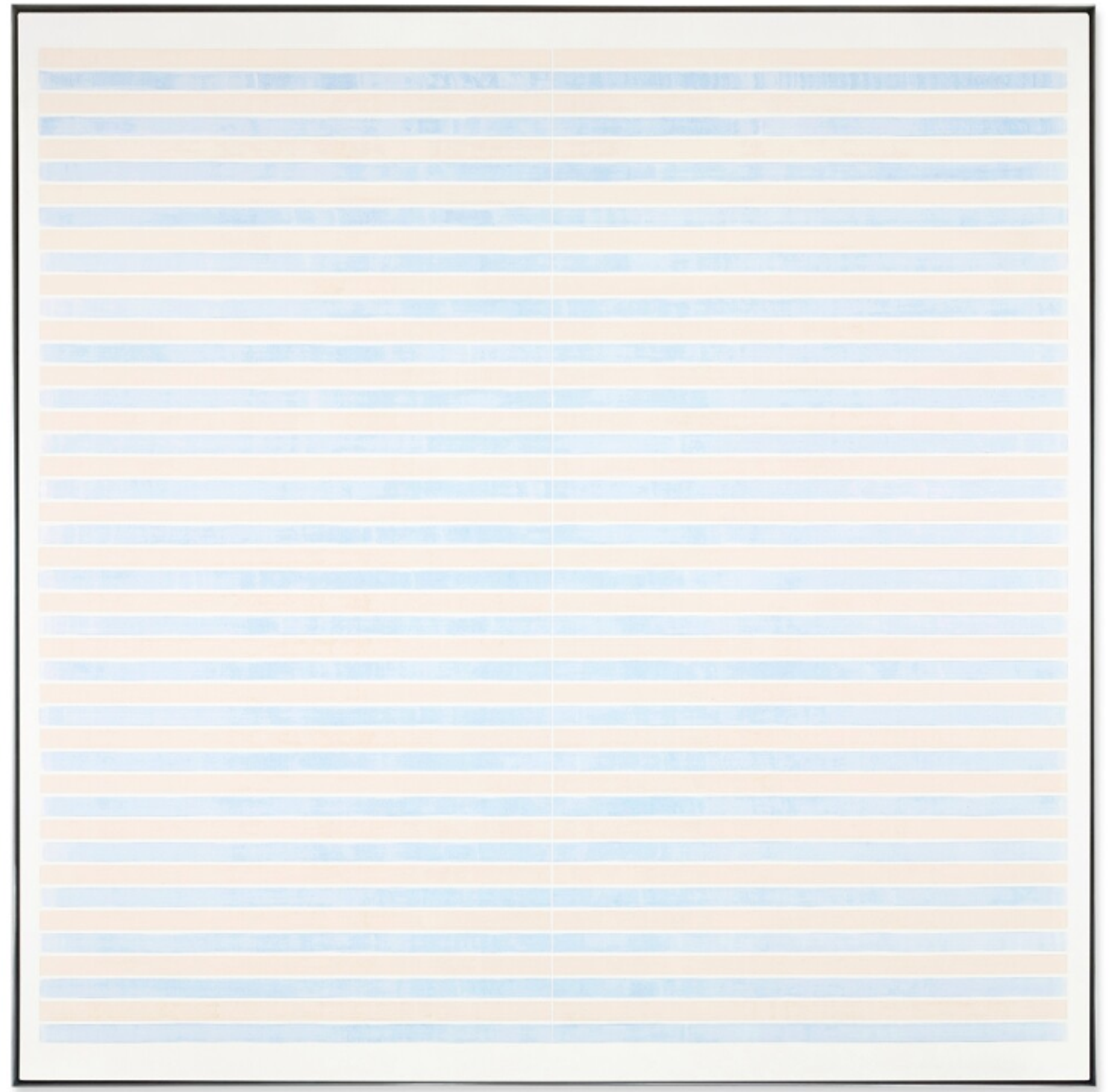 A series of even, precise horizontal stripes in alternating pale yellow and cornflower blue. Each stripe is separated by a thin white gap. Another thin white line runs directly down the centre of the work.
