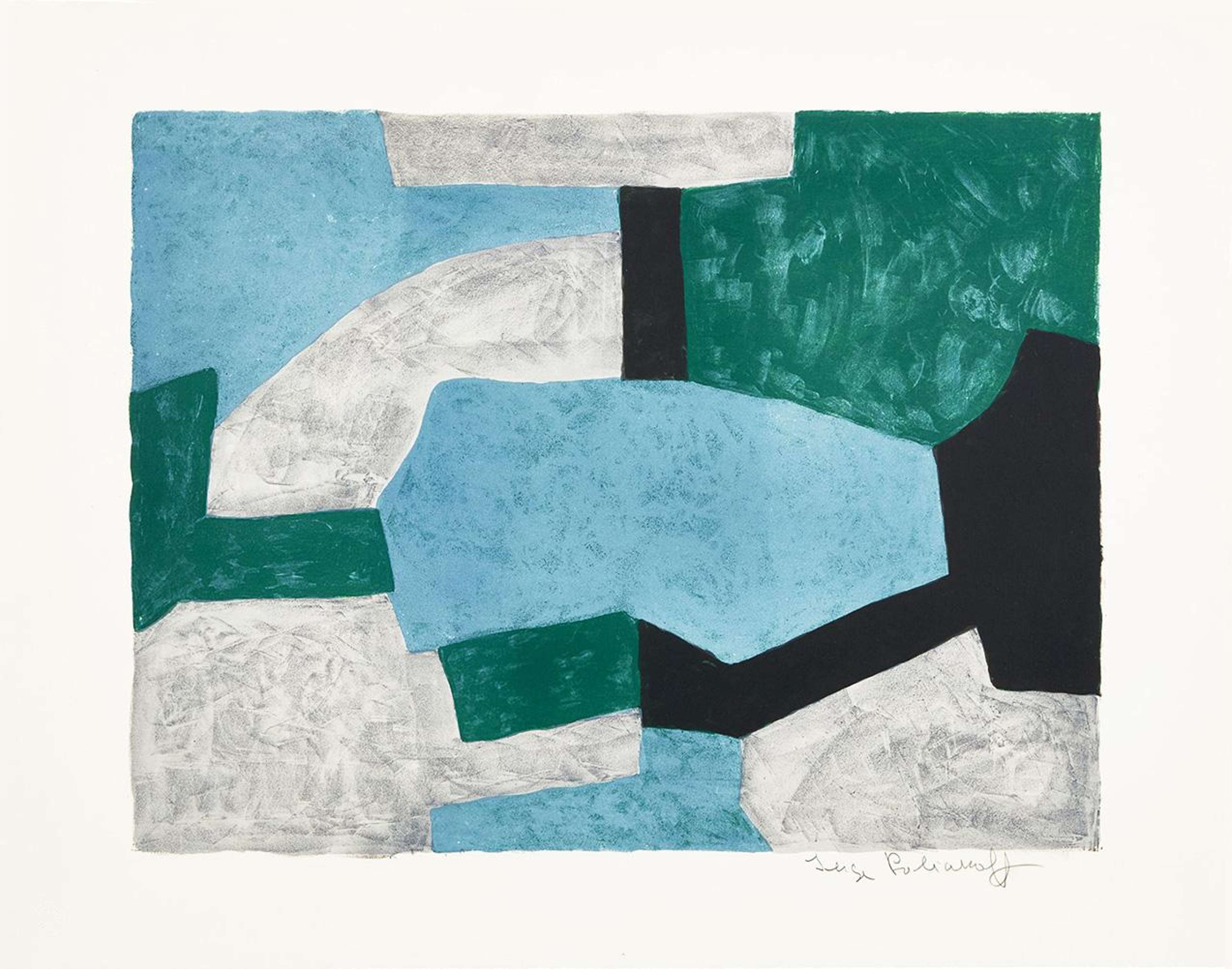 Une composition rectangulaire de paysage, composée de pièces semblables à des pièces de puzzle dessinées librement. Comme le titre de l'estampe l'indique, les pièces sont dans des tons de gris, de vert et de bleu, avec une forme bleu clair centrale.