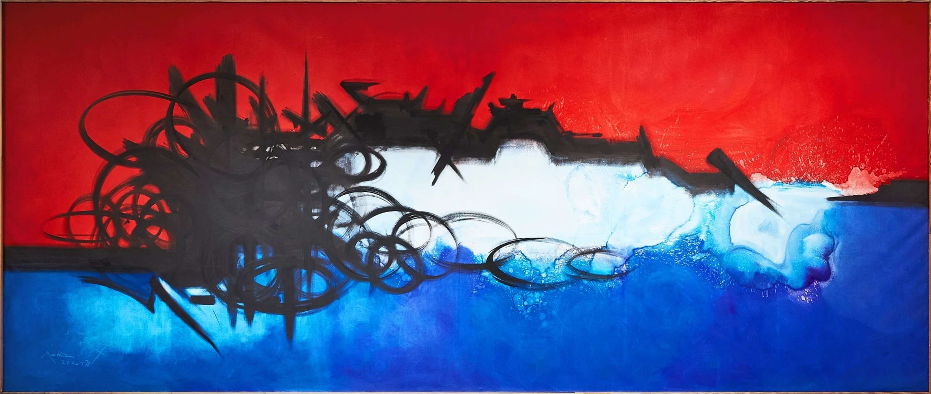A monumental horizontal painting divided into two bands: deep red above and vivid blue below. Black, tangled calligraphic lines and shapes surge across the central boundary, bordering an irregular strip of cloudy white, and clustering to the left.