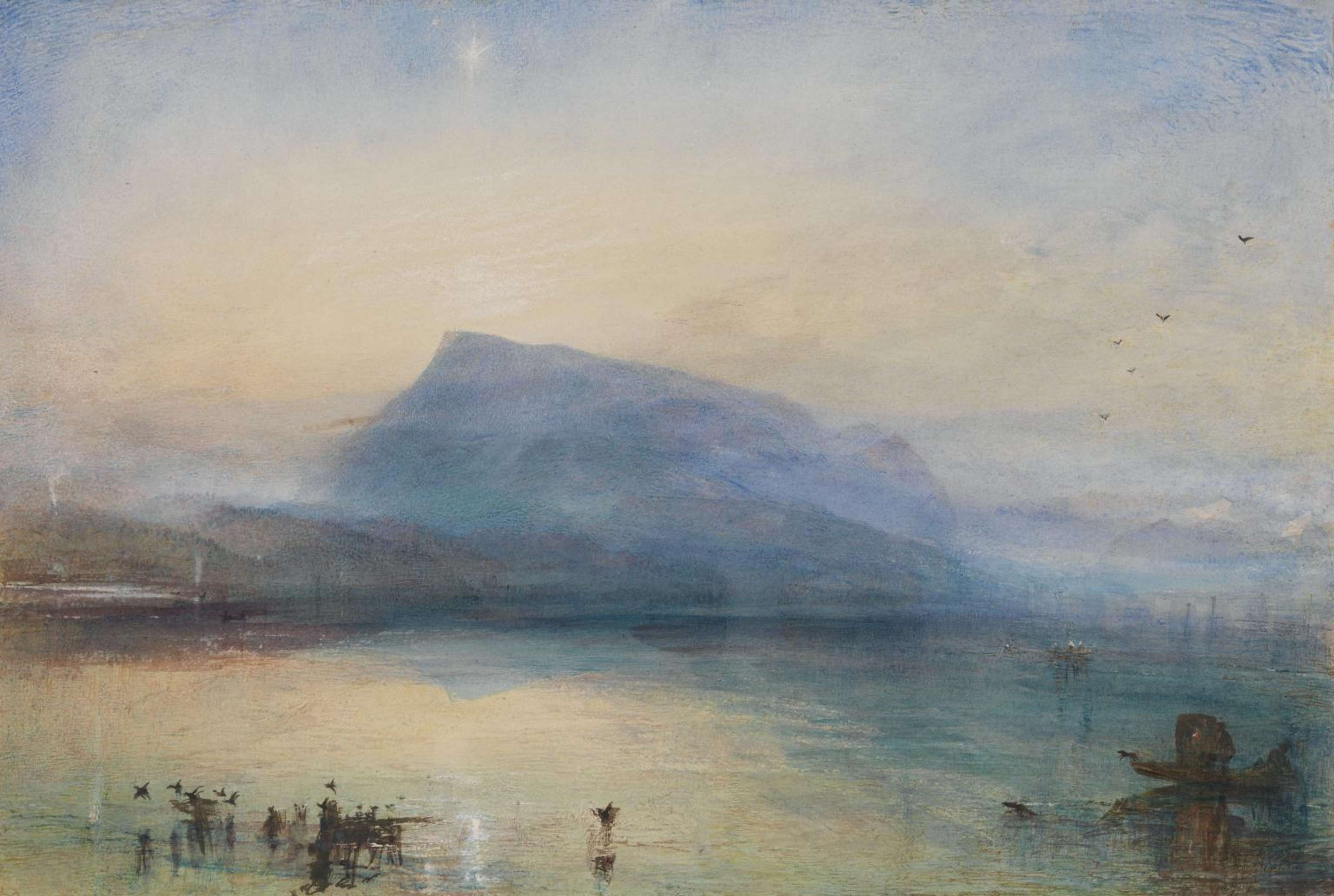 Une image de l'œuvre "The Blue Rigi, Sunrise" de J.M.W. Turner. Elle représente la montagne du Rigi en Suisse, face au lac des Quatre-Cantons, au lever du soleil.