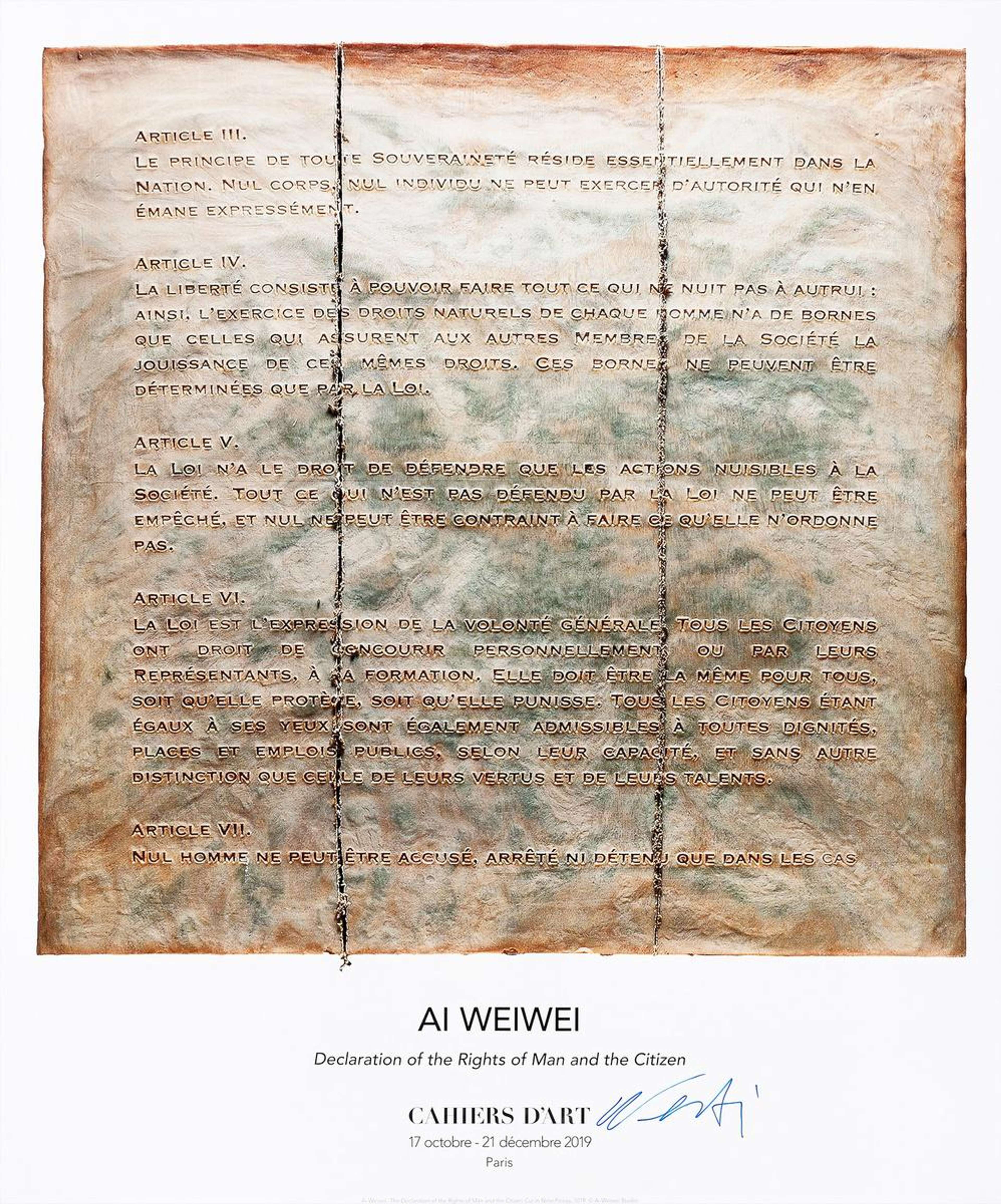 « Declaration Of The Rights Of Man And The Citizen » d'Ai Weiwei (2019). Une reproduction du document, soutenue par du texte, sur fond blanc.
