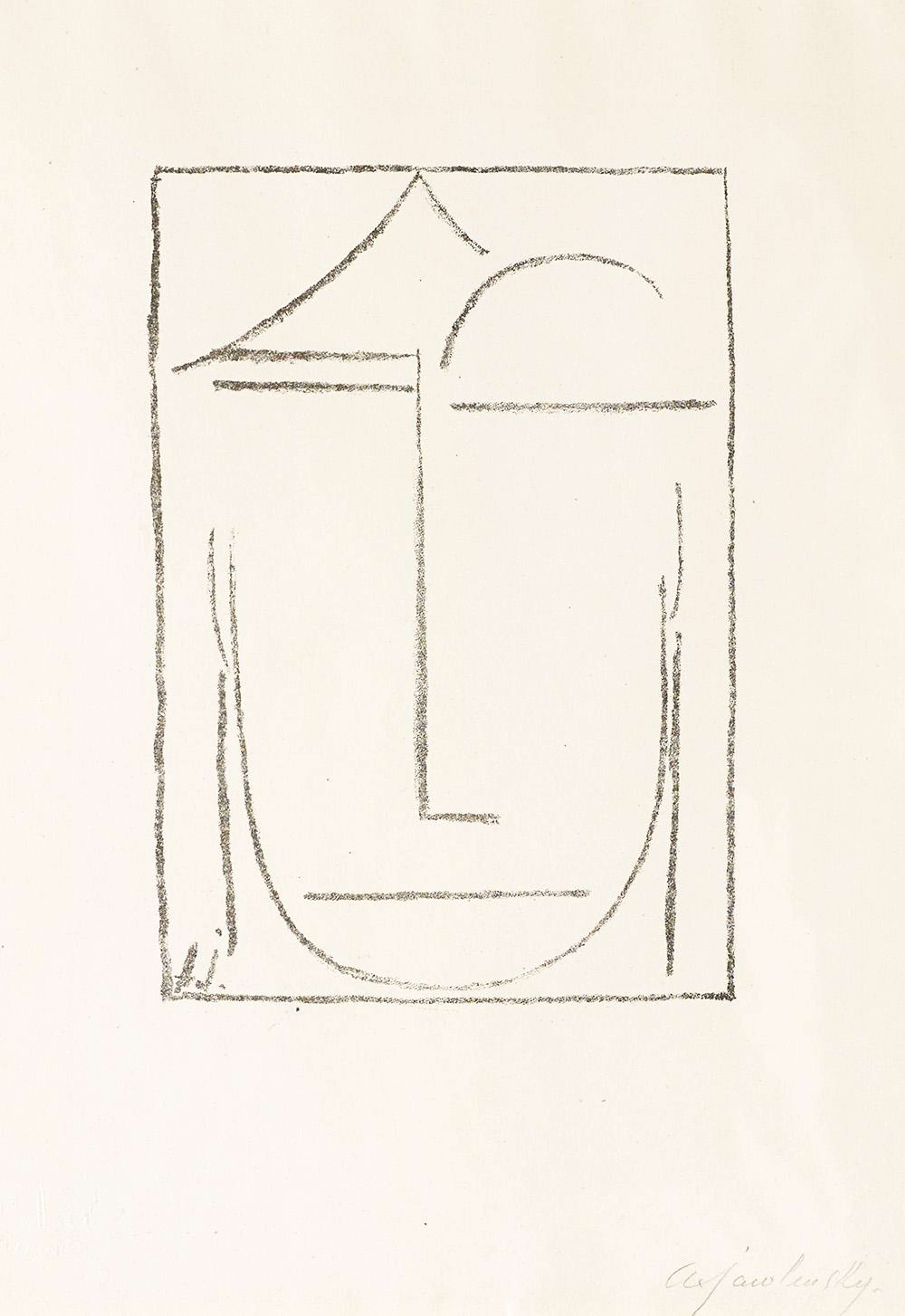 Une représentation abstraite et simple d'une tête, créée à l'aide de lignes, de courbes et d'angles d'une précision presque géométrique. Un minimum de lignes sert à délimiter les traits du visage et les cheveux. Une grande courbe dessine le sourcil gauche. Un angle droit forme le nez. Un simple trait droit constitue la bouche. La tête est enfermée dans un contour rectangulaire.