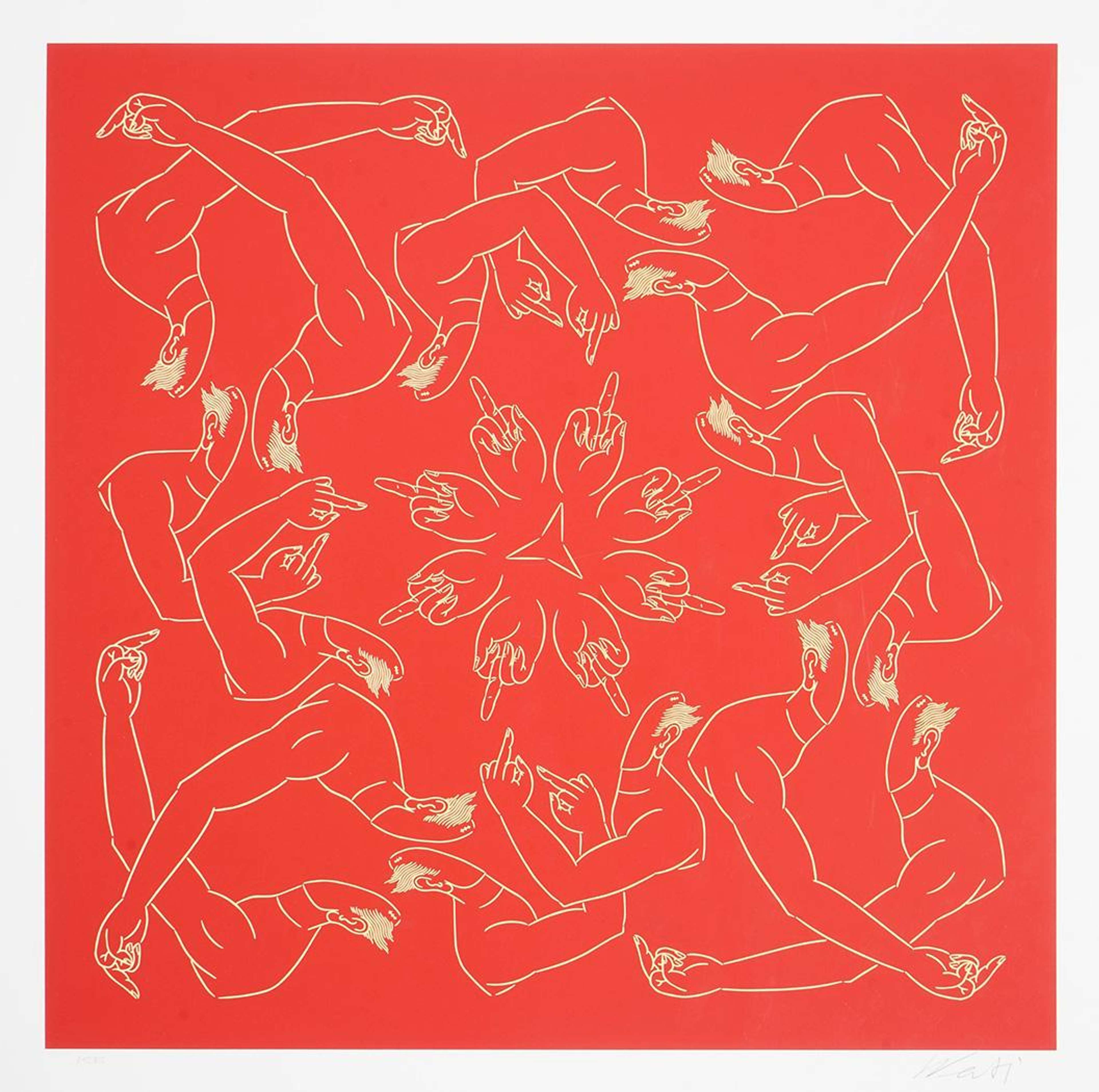 Un motif symétrique de mains dessinées au trait faisant un doigt d'honneur, sur un fond rouge vif.