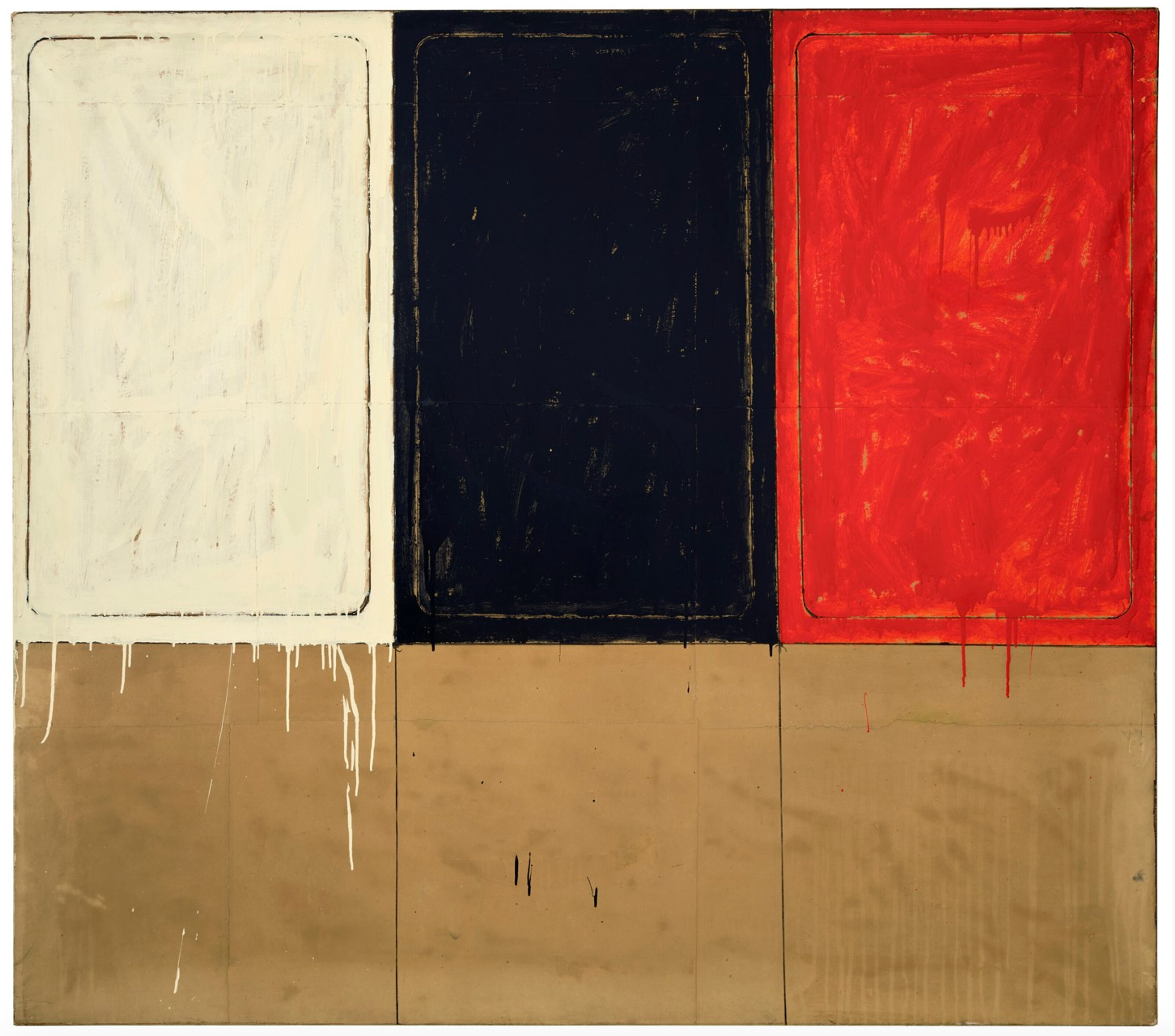 A geometric composition divided into four sections: white, black, and red vertical thirds, with a thick, horizontal gold strip across the bottom, each painted with visible enamel drips, rough, expressive edges, and a fine inner outline in gold.