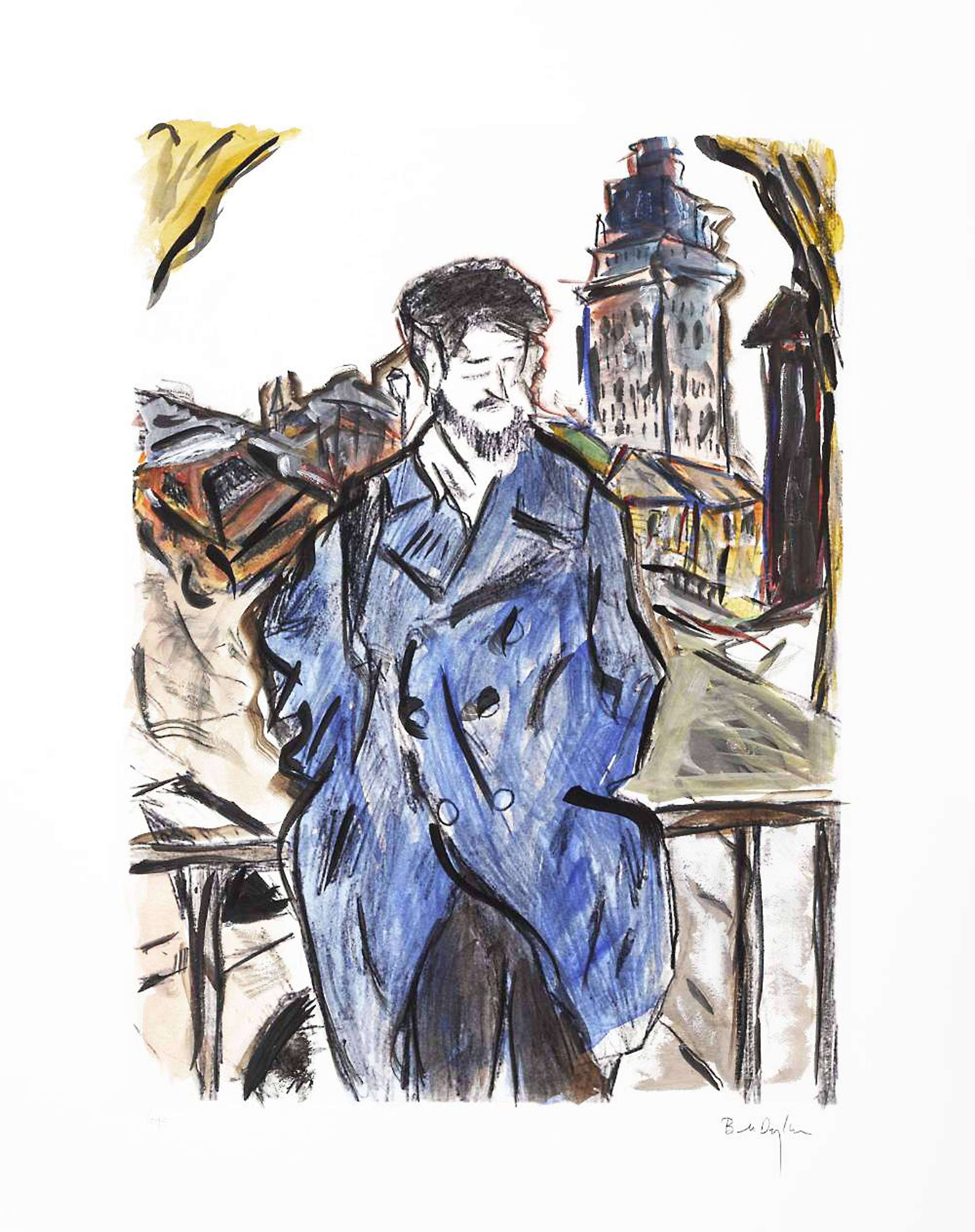 Esquisse libre d'un homme portant un trench-coat bleu debout sur un pont, avec de grands immeubles en arrière-plan