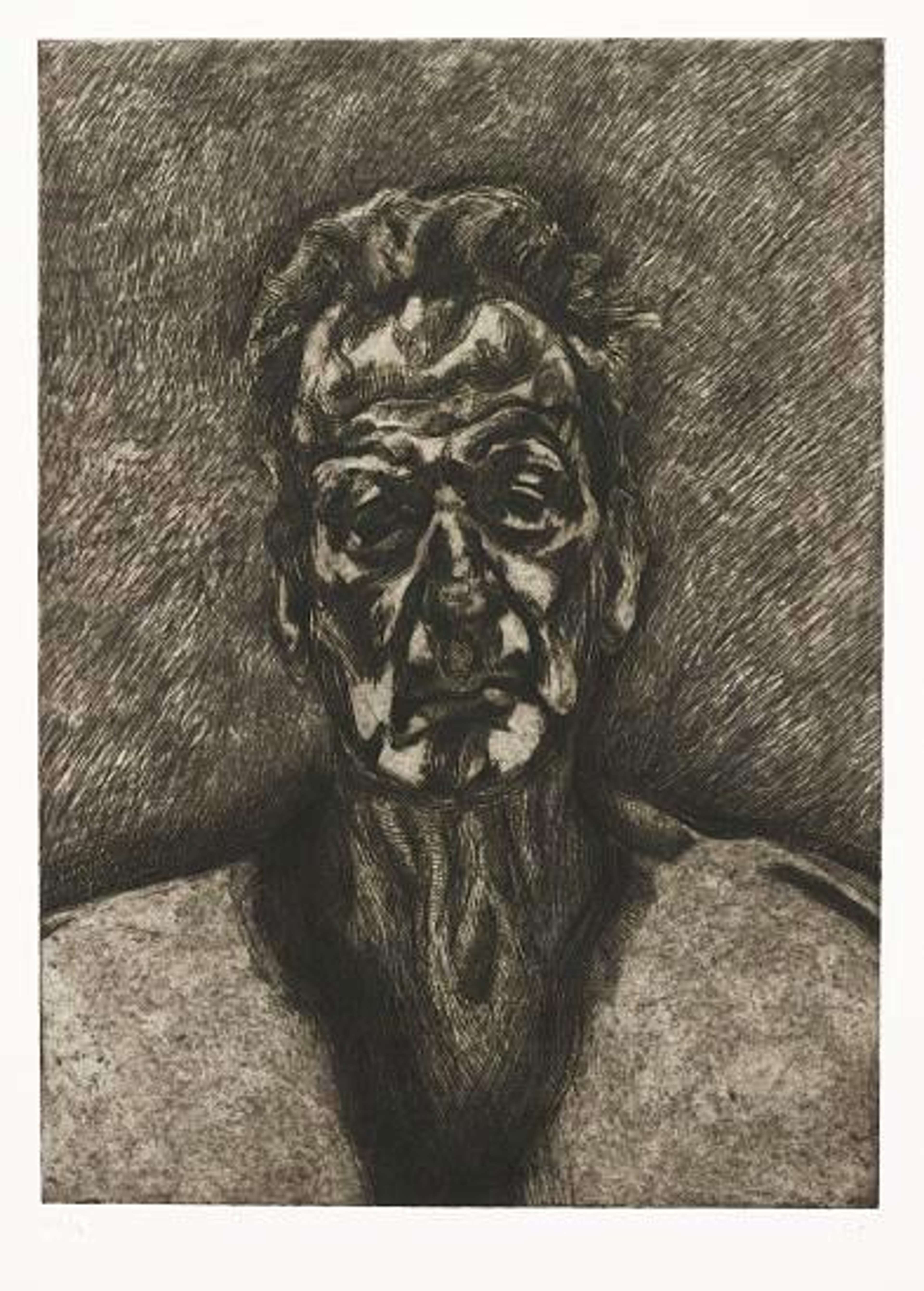 Self Portrait Reflection de Lucian Freud. Un dessin d'un homme regardant droit devant lui, avec une expression faciale profonde et sombre.