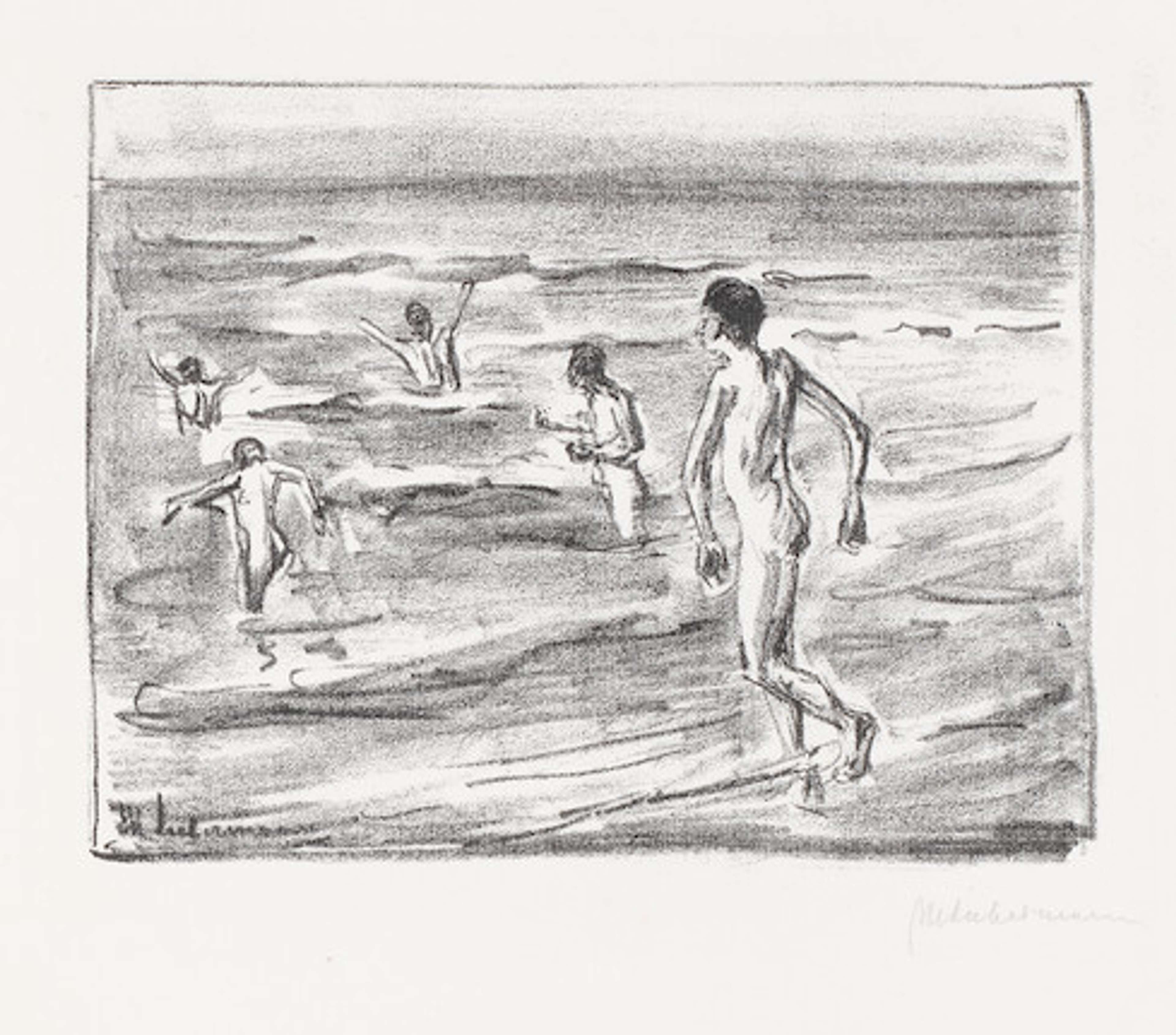 Représentation quasi esquissée de cinq jeunes hommes nus entrant dans la mer. Ils sont tous tournés vers le large, mais leurs bras tendus et leur apparente hâte dégagent une impression de joie et d'enthousiasme. L'eau n'atteint que les chevilles de l'homme le plus proche du spectateur, tandis que pour les autres, elle monte progressivement plus haut.