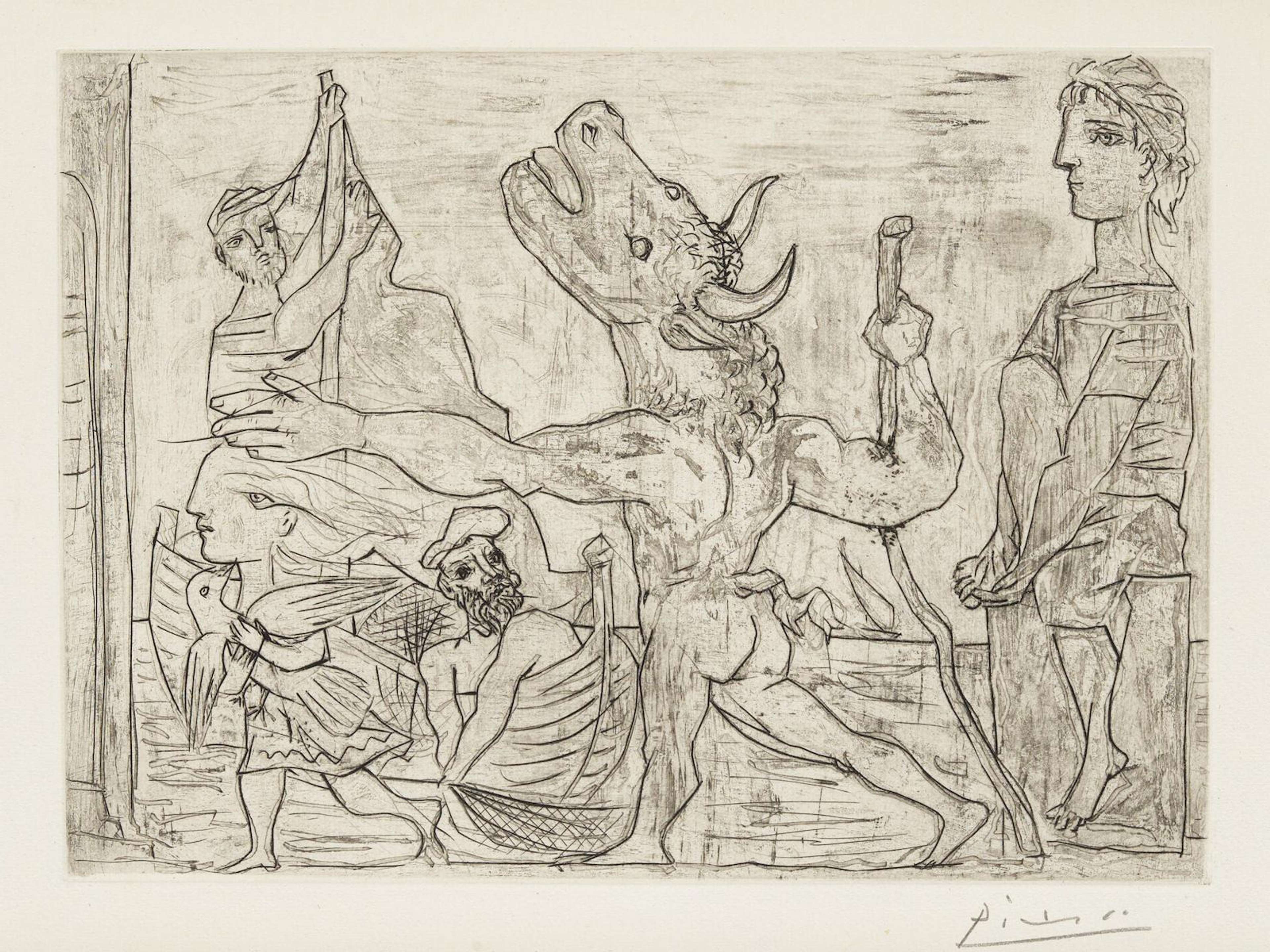 Minotaure Aveugle Guidé Dans La Nuit Par Une Petite Fille Au de Pablo Picasso. Un dessin représentant une femme nue entourée d'hommes assis À Table et debout.