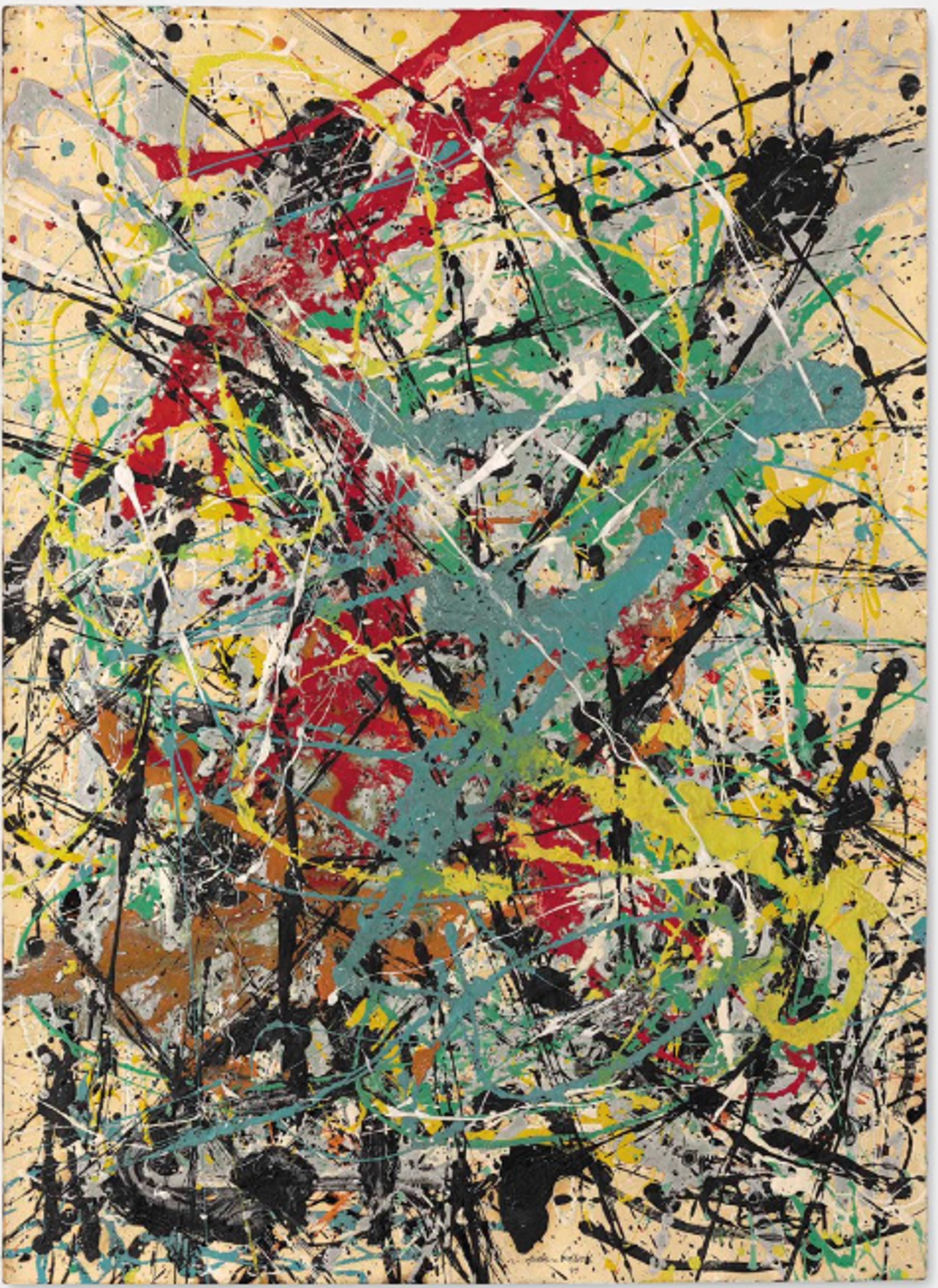 A vertical canvas with a light background, overlaid with dripped and splattered paint in yellows, reds, and greens. The energetic lines and splashes create a vibrant, chaotic effect.