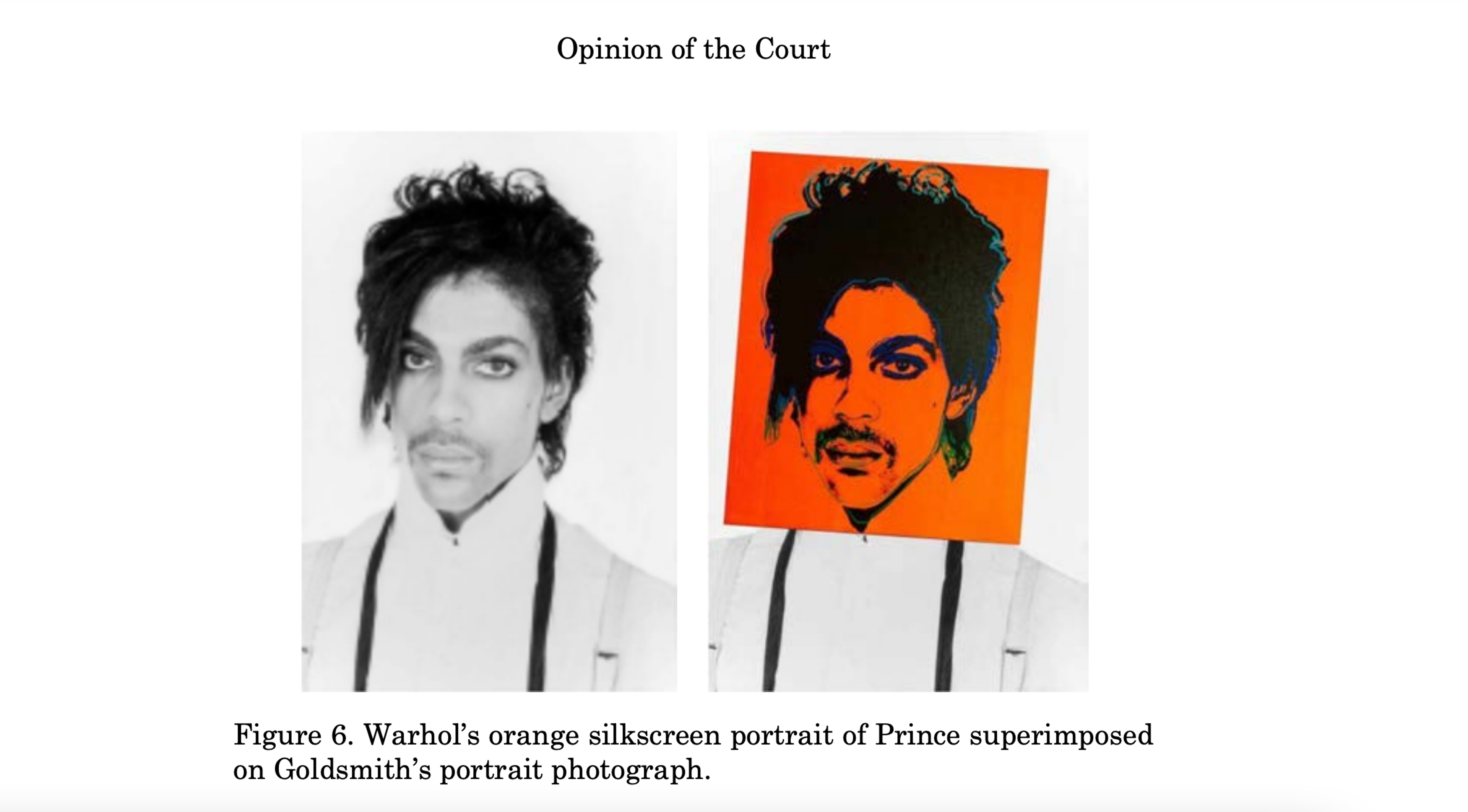 Une capture d'écran des documents judiciaires de l'affaire Warhol c. Goldsmith, montrant le rendu de l'artiste superposé à l'image du photographe, une correspondance quasi parfaite.