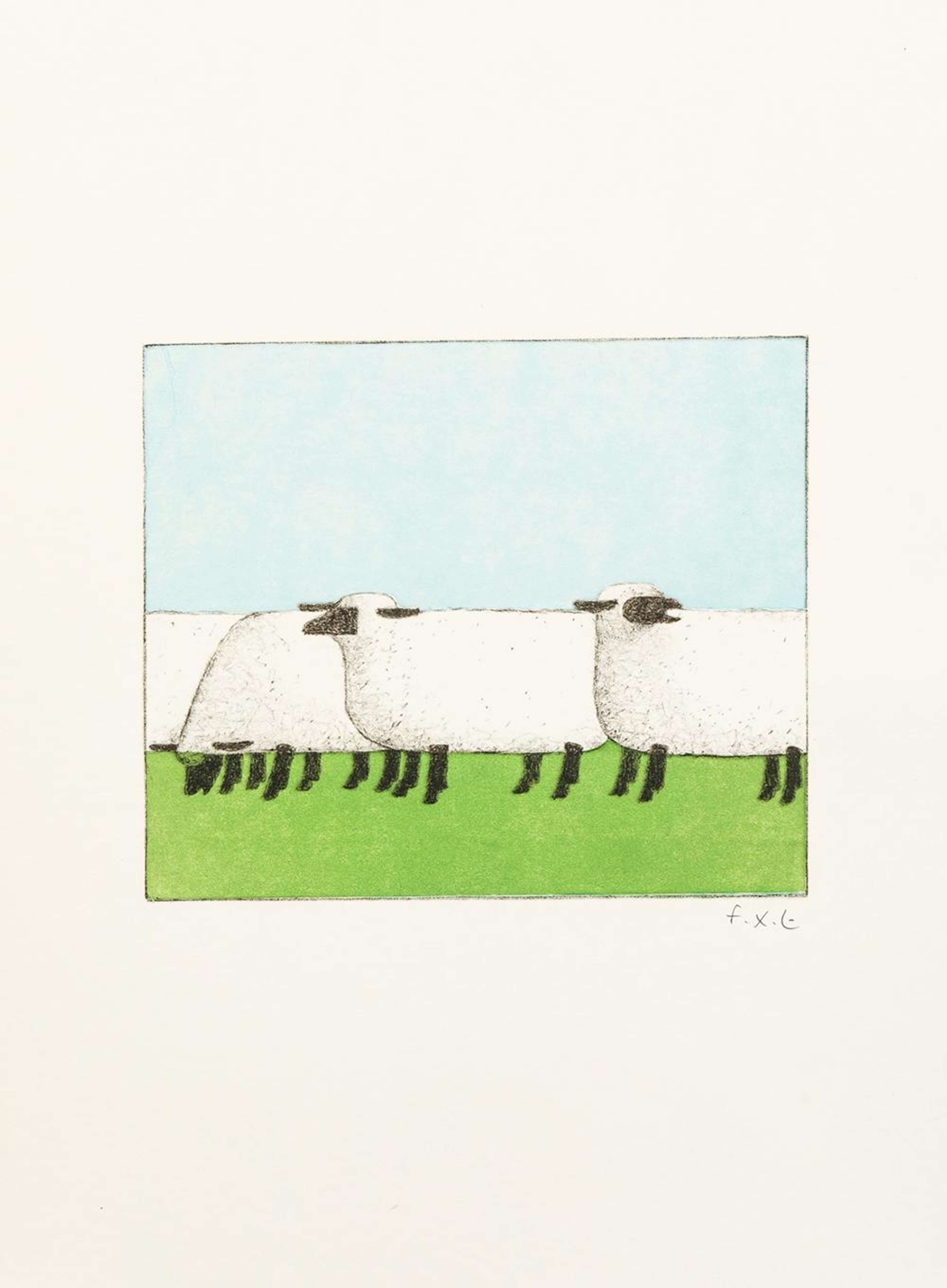 Trois moutons dessinent une bande blanche au centre de l'estampe. Deux de leurs têtes, peintes en noir, sont alignées avec le haut de cette bande, tandis que le troisième mouton se penche pour brouter l'herbe verte sous eux. Au-dessus des moutons se trouve une bande de ciel bleu.