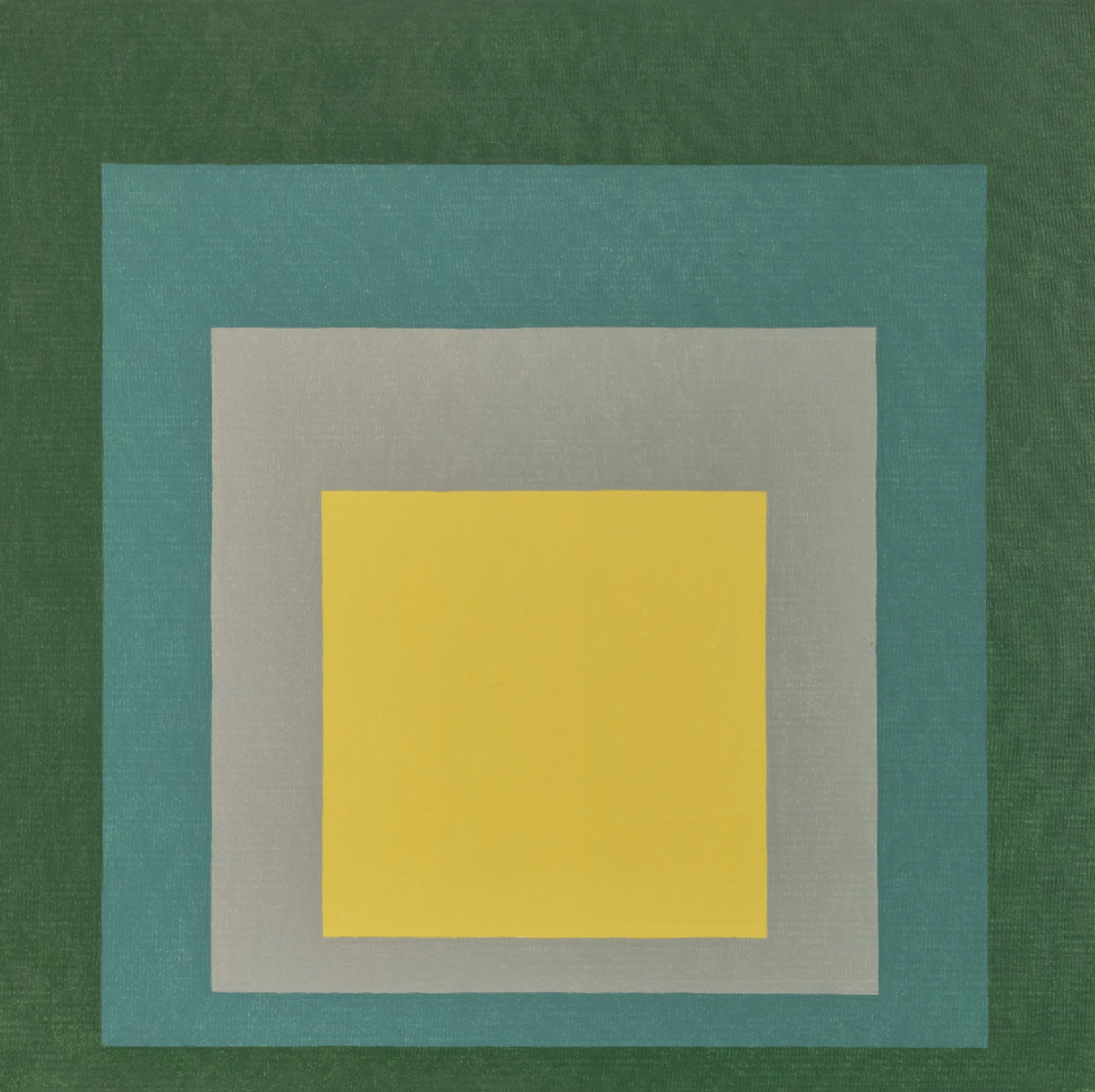 Four nested squares, getting smaller as they stack and moving slightly towards the bottom. The largest is dark green, then teal, then light grey, and the smallest is a creamy yellow.