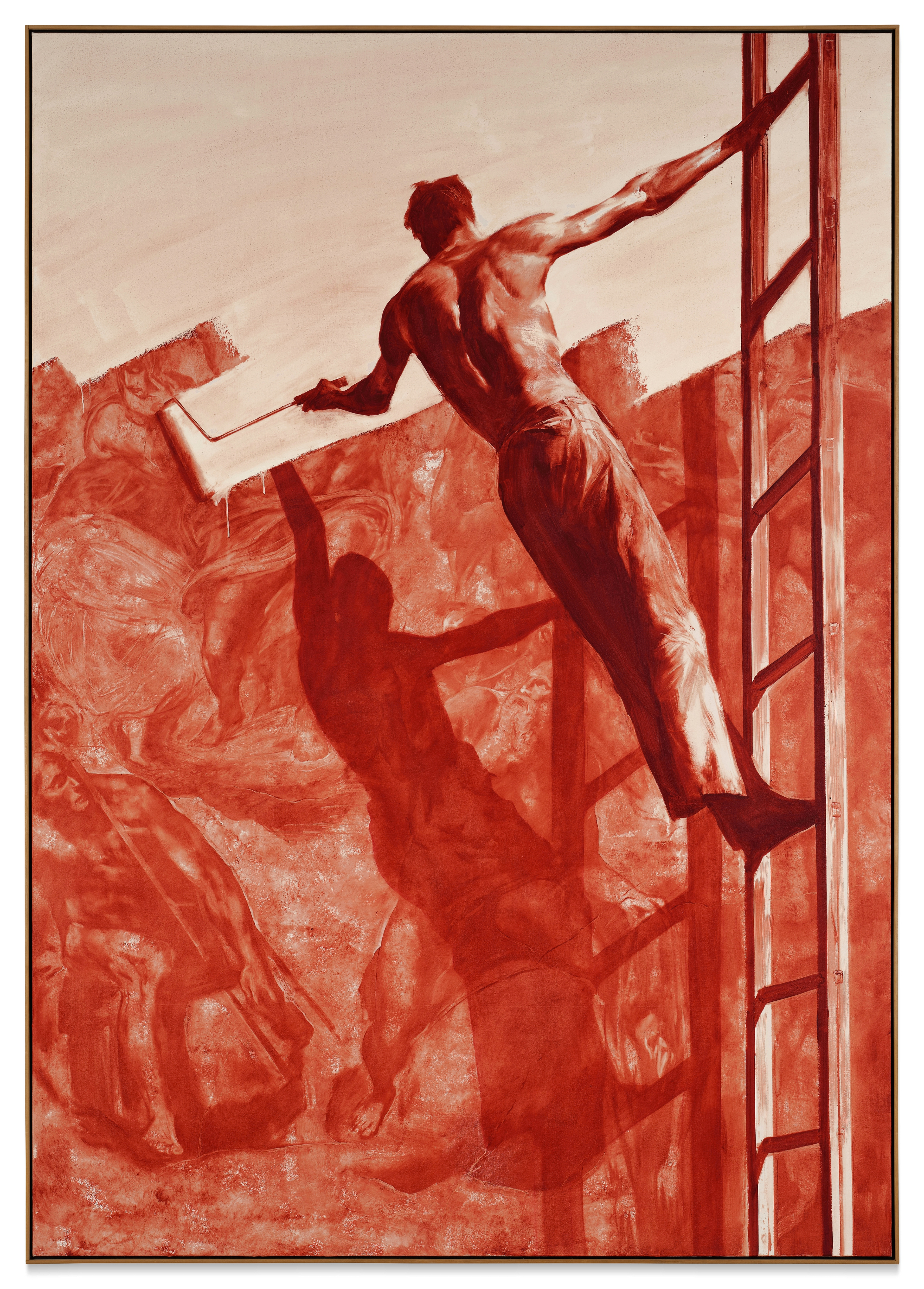 Dans cette peinture, on voit un homme torse nu suspendu à une échelle en train de peindre par-dessus la figure de Jésus dans La Cène de Vinci. L'œuvre est composée d'une palette de couleurs blanche et rouge, avec de nombreuses variations de teinte.
