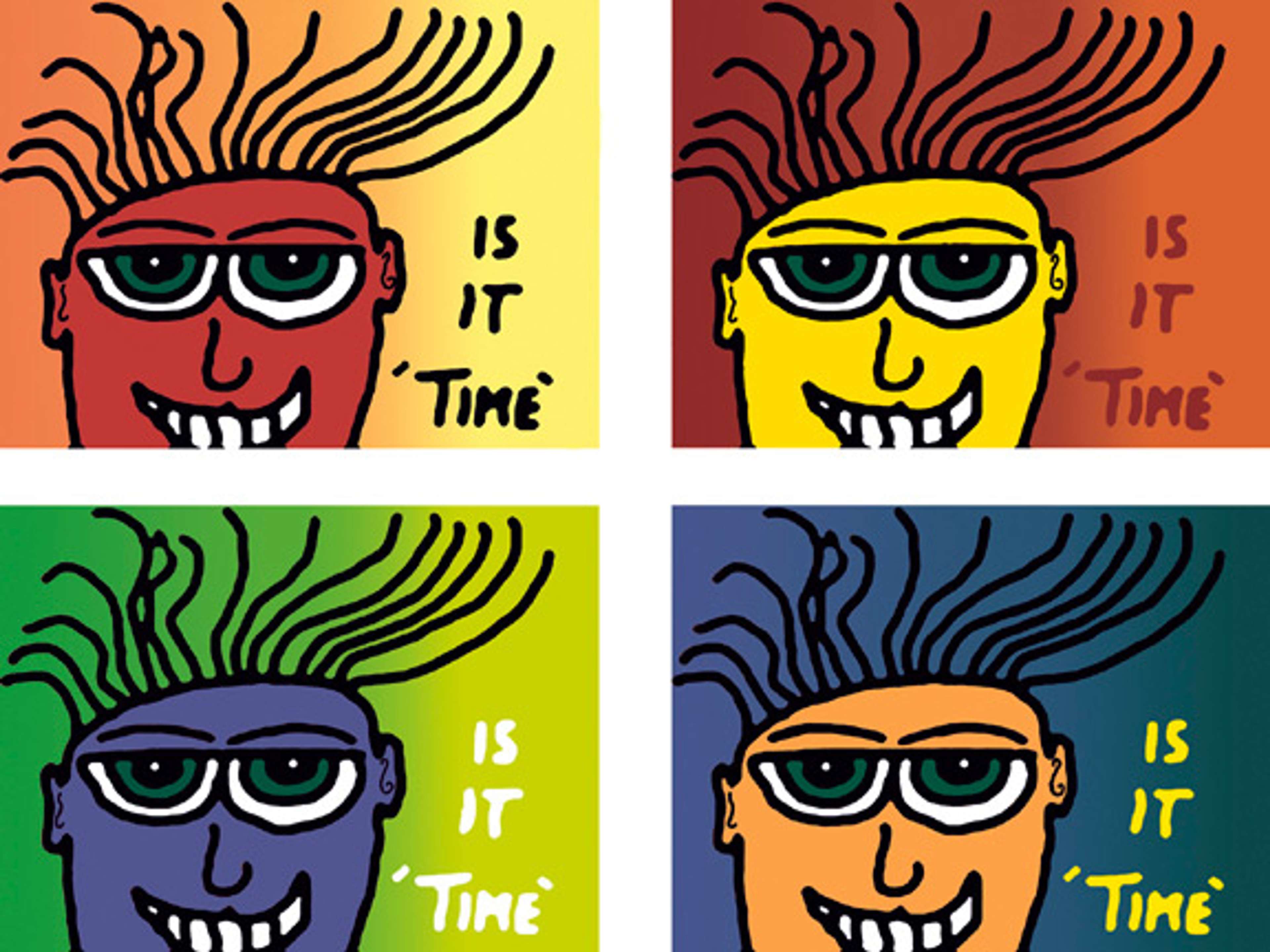 Quatre estampes déclinées en différentes combinaisons de couleurs, représentant un visage de bande dessinée aux grands yeux et aux mèches de cheveux hérissées, avec l'inscription « IS IT ‘TIME » placée à droite de la composition. Ces œuvres font partie de la série "At The Edge".