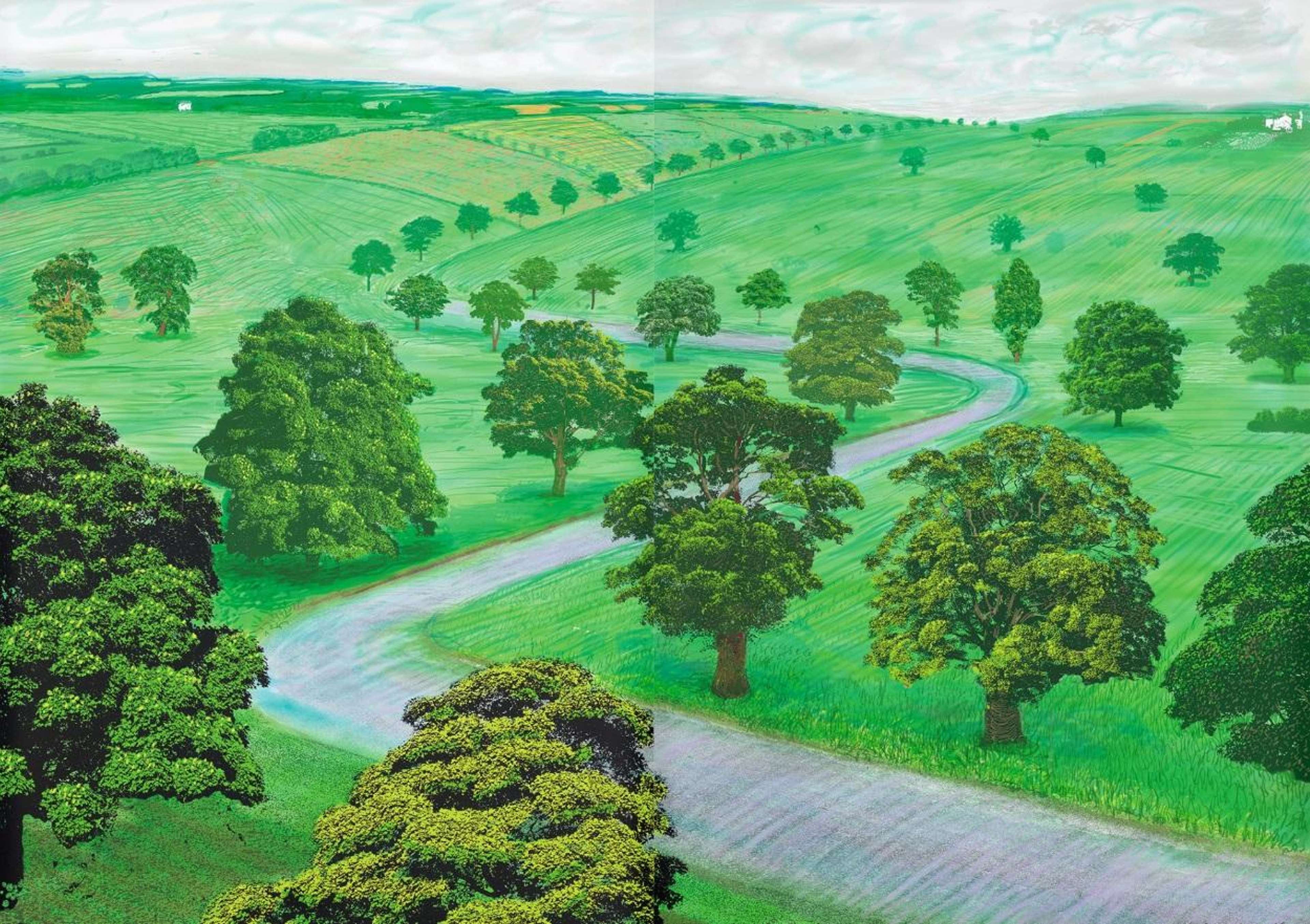 Une estampe numérique de David Hockney représentant un paysage verdoyant d'une route sinueuse qui s'éloigne dans le plan de l'image, bordée d'arbres verts.