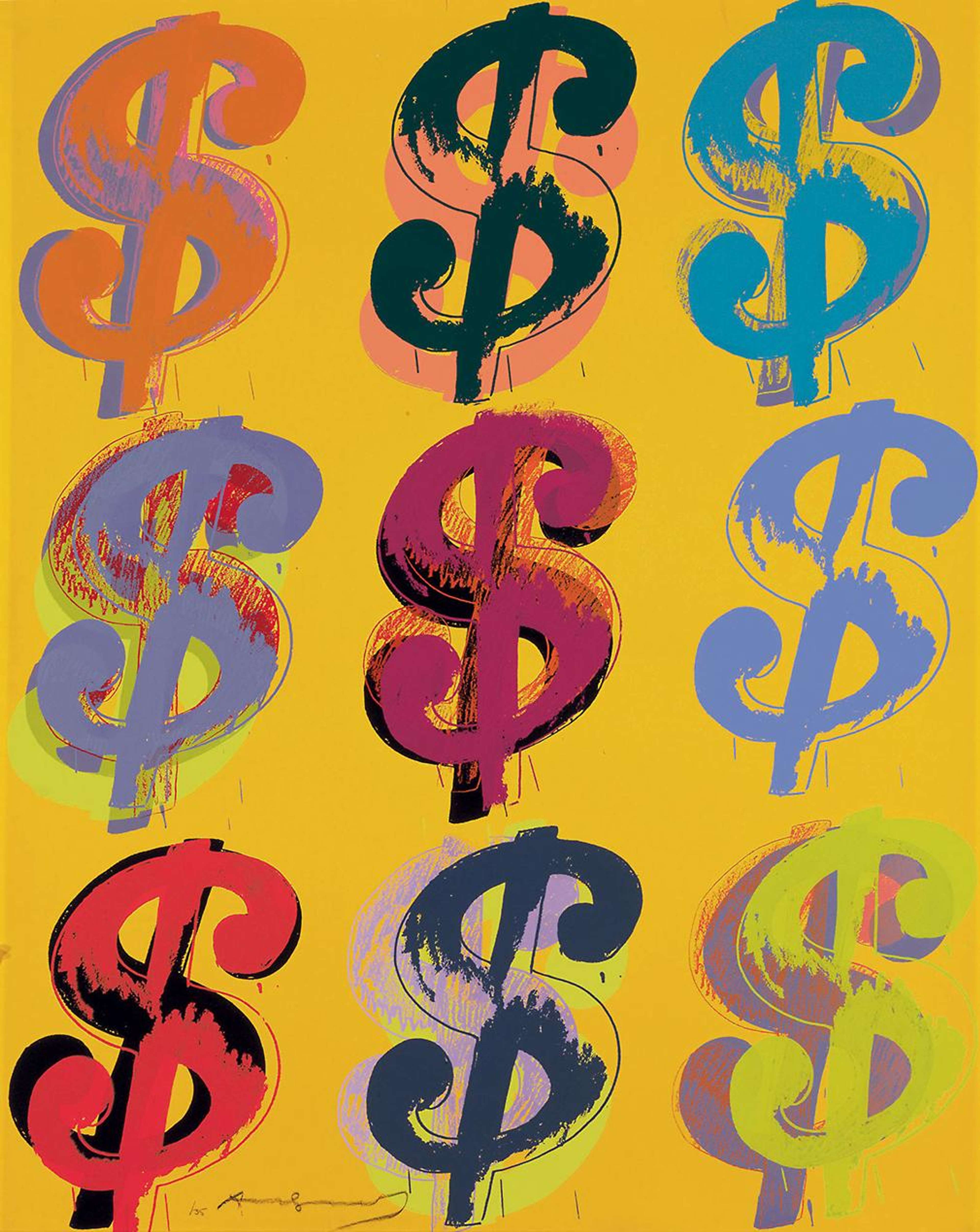 Neuf signes dollar multicolores dans une grille de 3x3 sur un fond rose