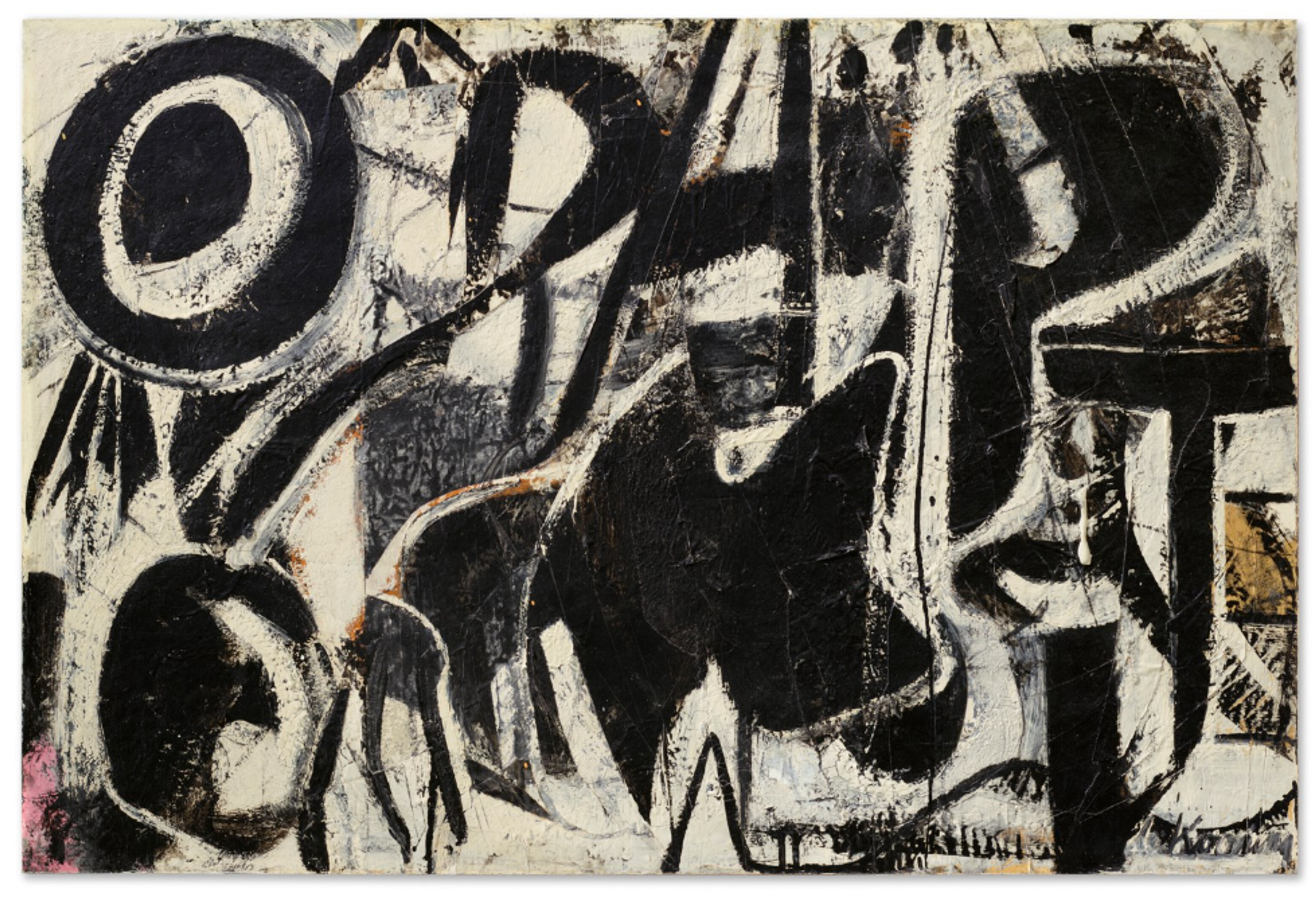 A black and white artwork with bold calligraphic marks. The composition contains circular shapes and energetic brushstrokes creating a dynamic, expressive pattern.