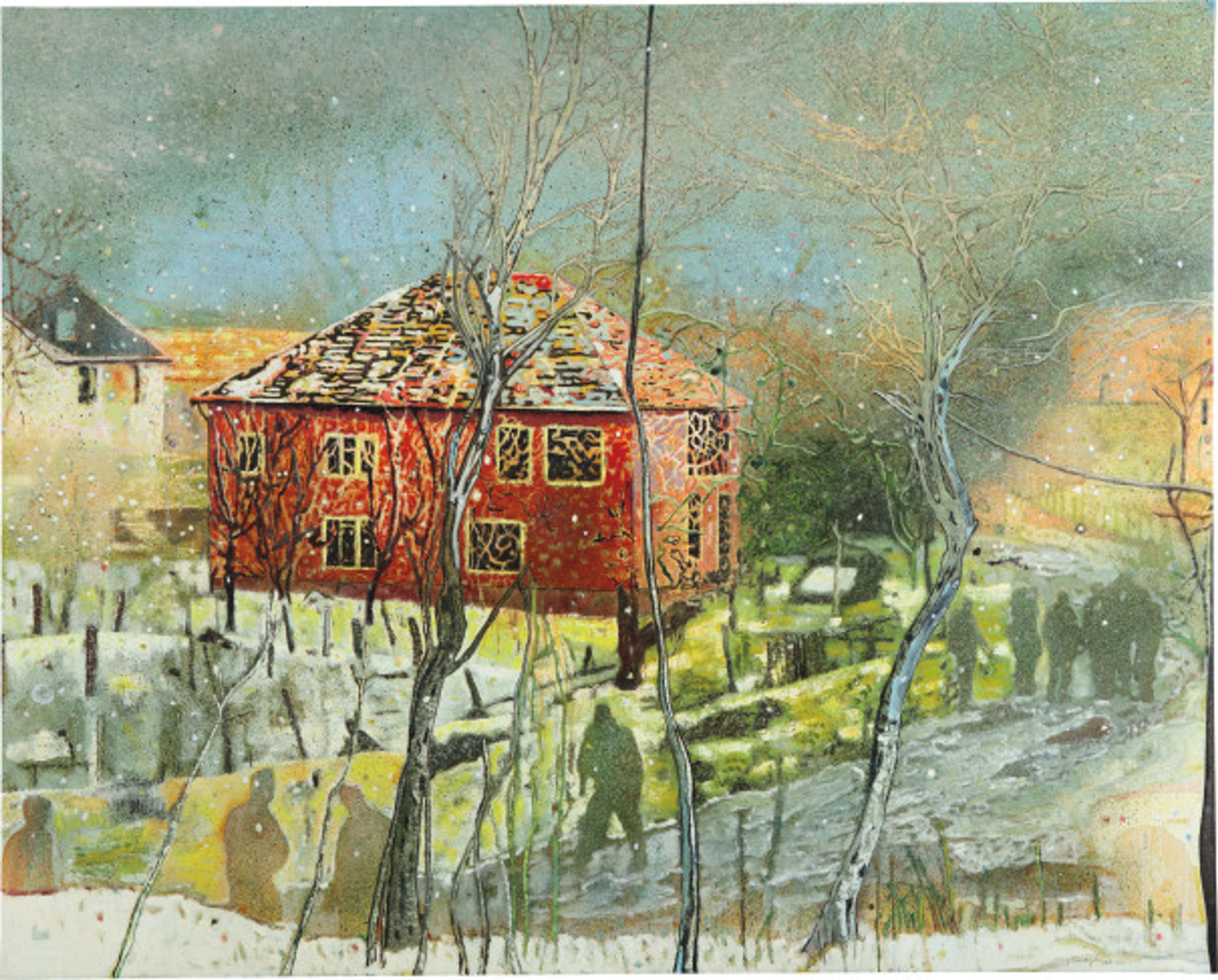 A painting of a vibrant red house, standing out against a cool winter landscape with muted yellows, blues, white, and greens. The structure glows beyond a foreground of sketchy trees and snow-covered ground. Shadowy silhouetted figures appear to walk down a cobbled road.