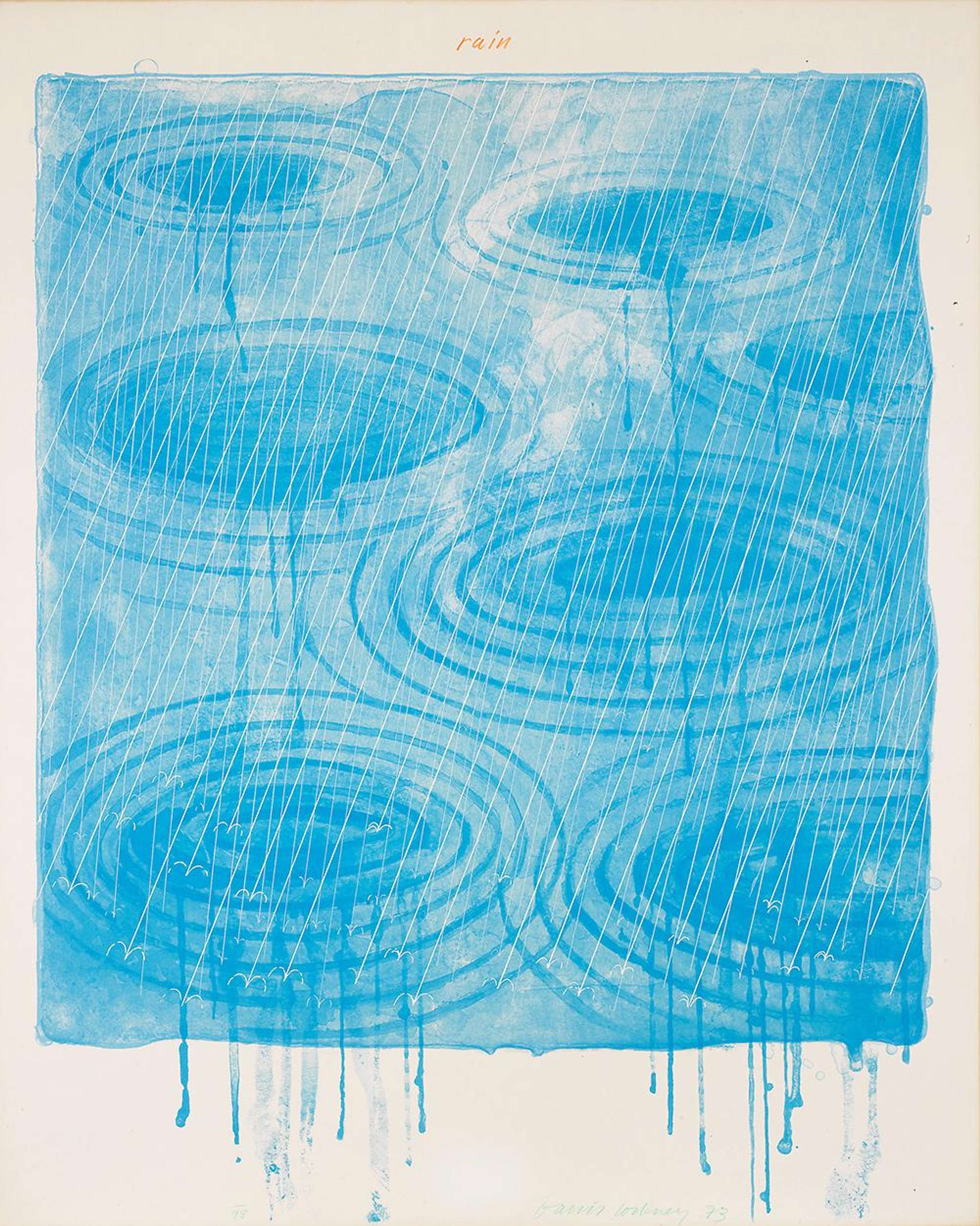 Lignes noires diagonales représentant une averse sur un fond bleu pâle, dans une composition minimaliste par David Hockney.