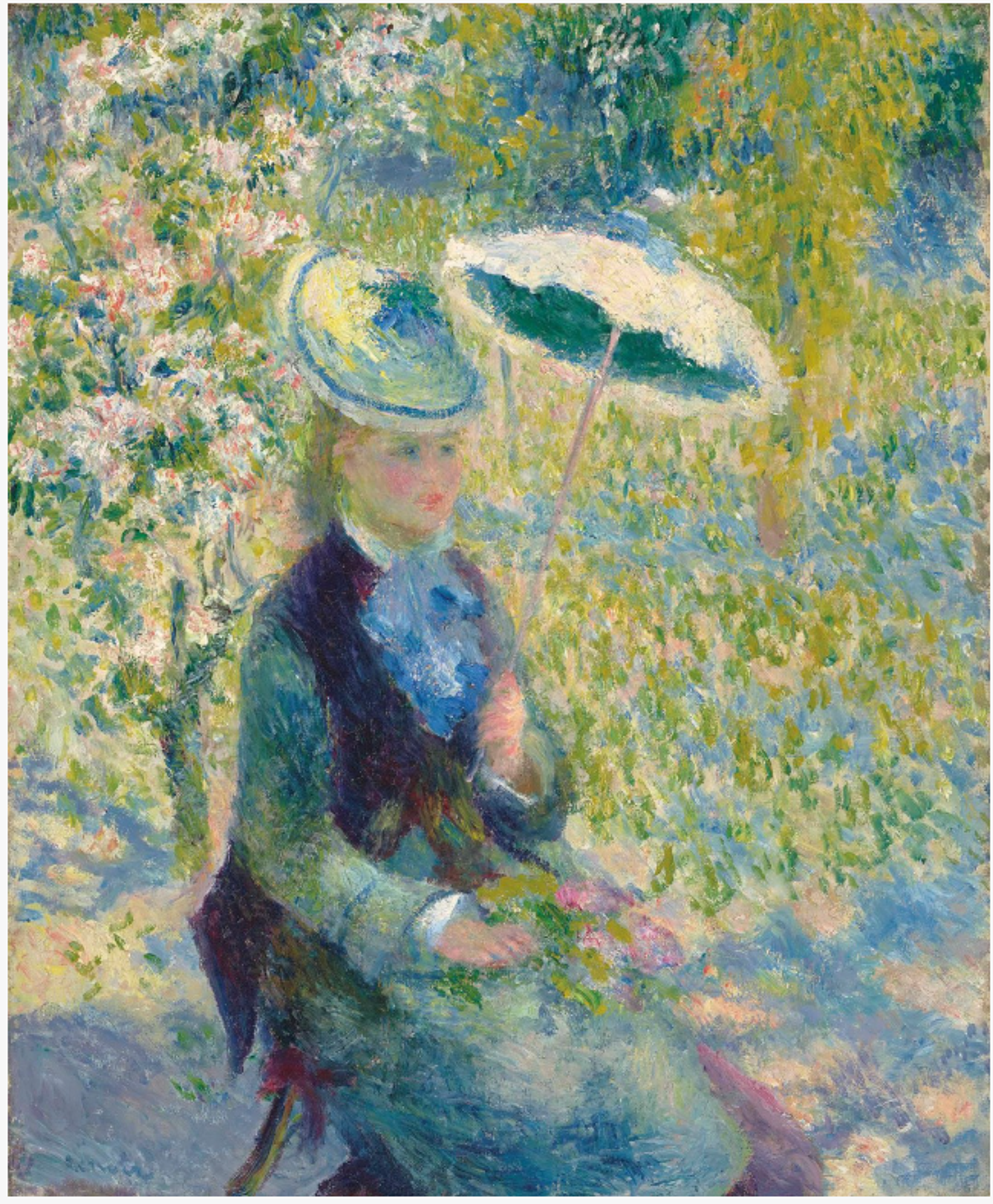 A woman in a blue dress holding a light-coloured parasol sits in a sunlit garden. Yellow flowers and green foliage surround her, creating a dappled light effect through impressionistic brushstrokes.