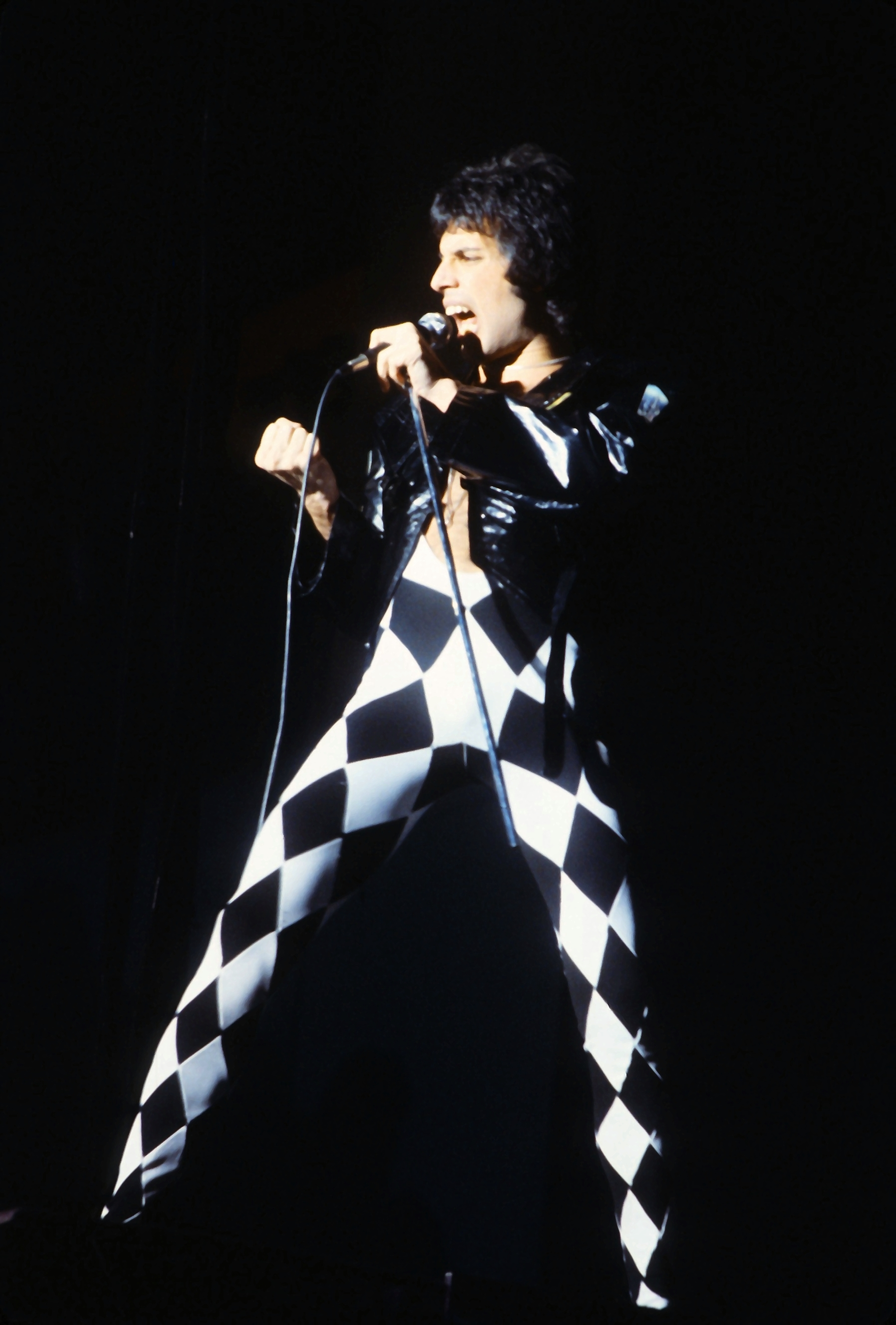 Une image du chanteur Freddie Mercury sur scène. Il porte une combinaison de style Arlequin noir et blanc ainsi qu'une veste en cuir.