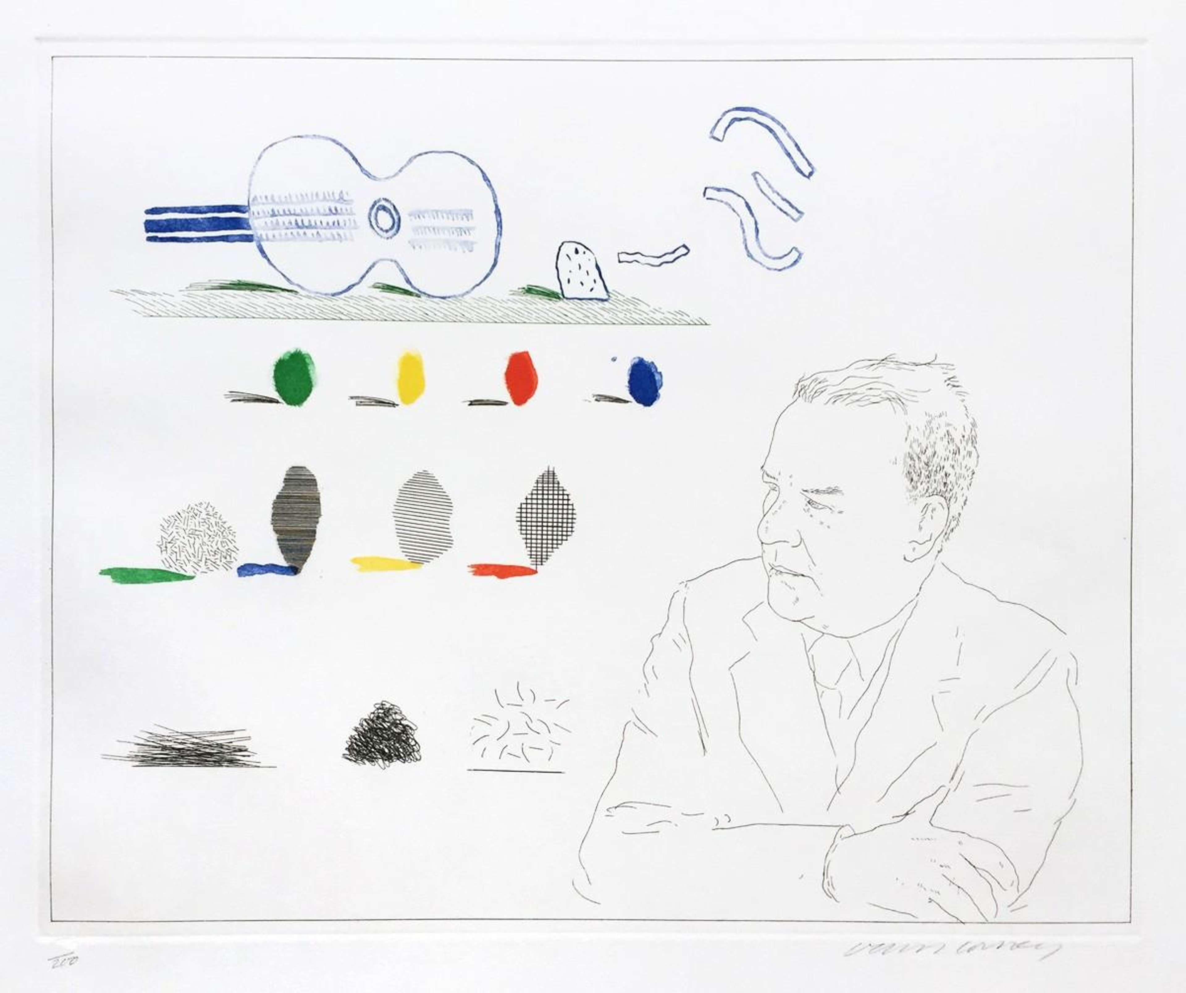 A mixture of sketches, including a man wearing a suit and a guitar outlined in blue