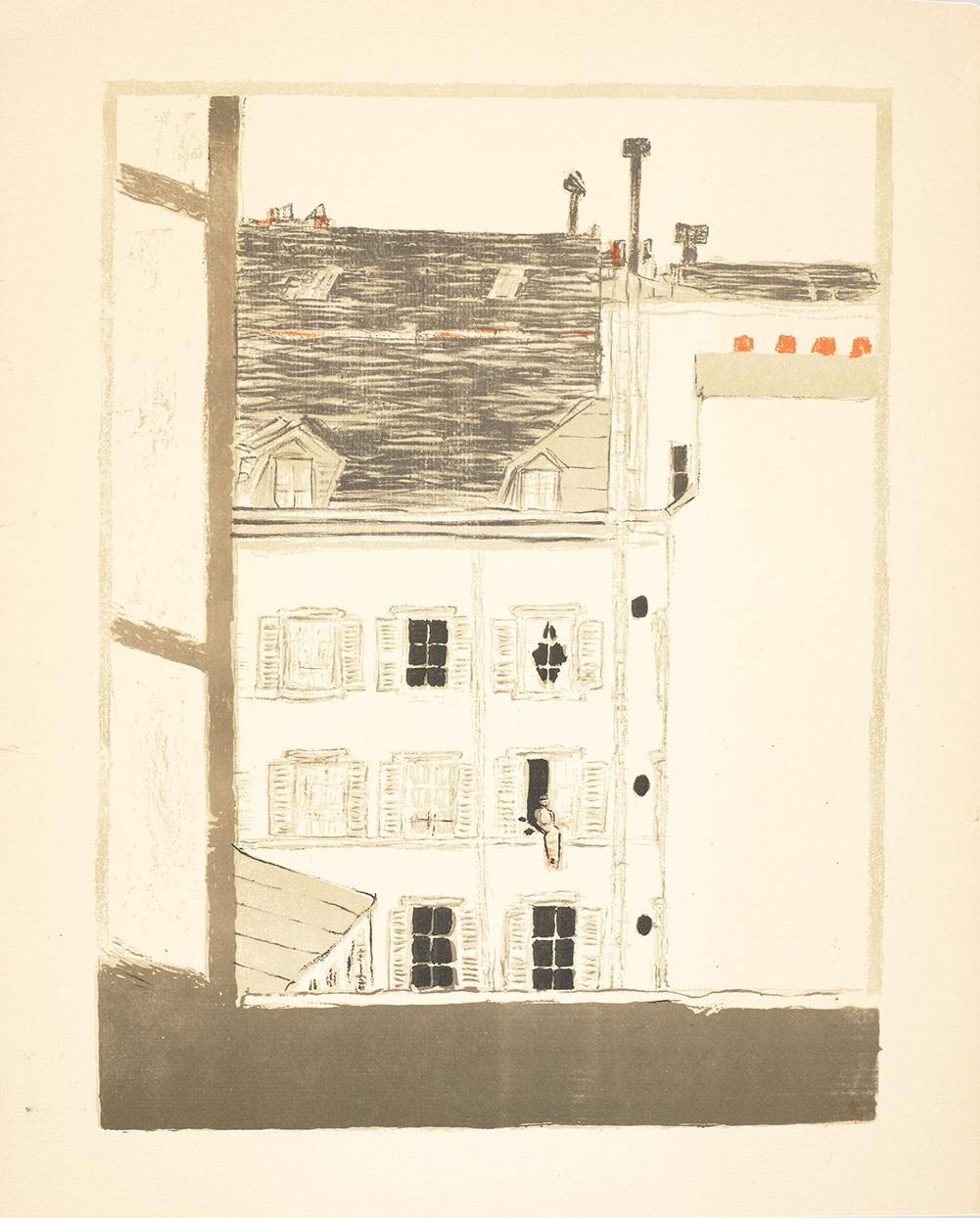 Une vue esquissée par la fenêtre, donnant sur les maisons en face. Le cadre de la fenêtre est visible sur la gauche et en bas. La maison d'en face présente des fenêtres à volets blancs, un toit gris et de courtes souches de cheminée orange. Une personne est assise dans l'une des fenêtres ouvertes. La palette de couleurs est douce, utilisant principalement des nuances de crème et de brun.