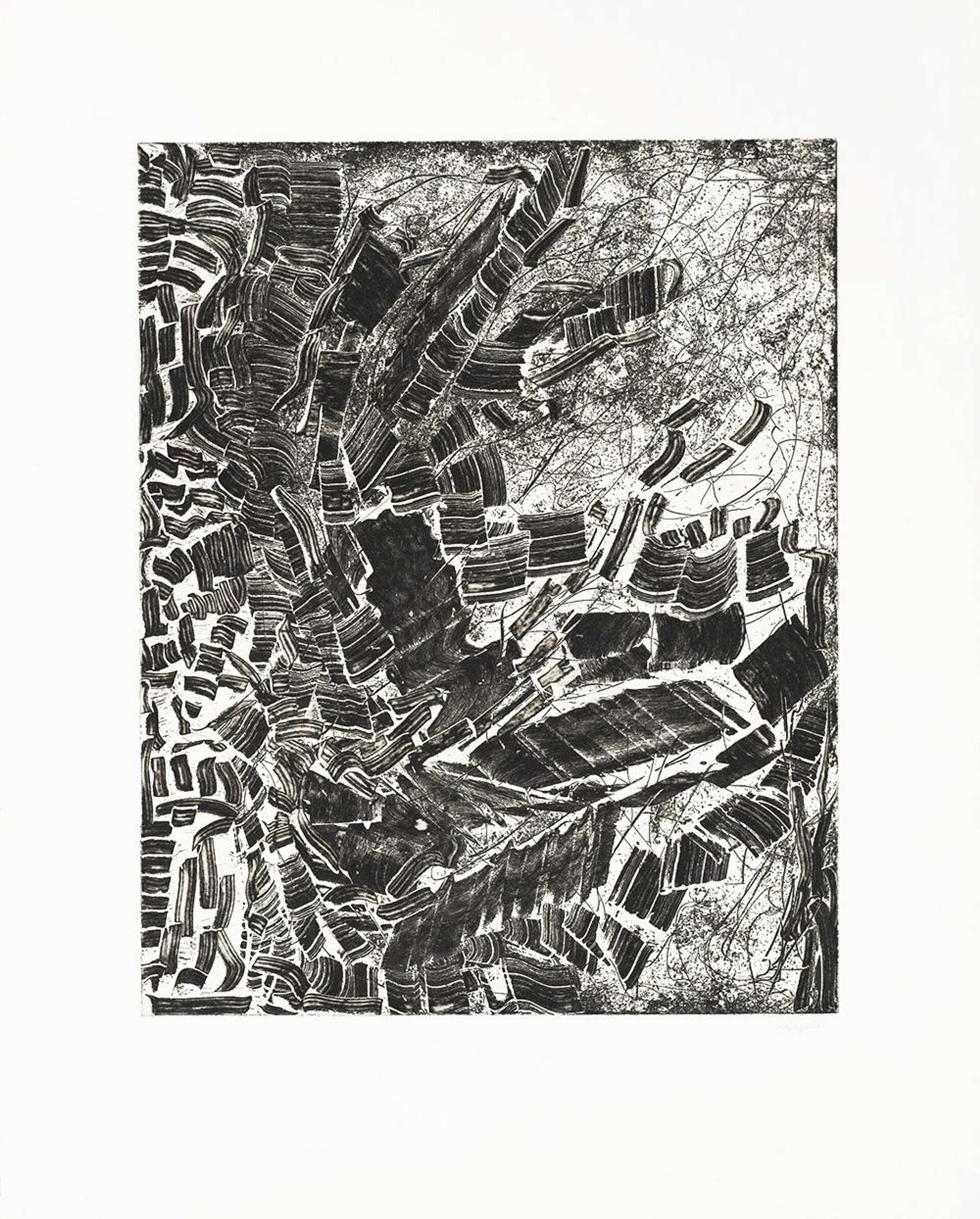 Une composition abstraite en noir et blanc réalisée à l'aide d'encre noire superposée pour créer de la profondeur et de la texture. Le détail se fait plus fin vers le coin supérieur droit, avec des vrilles fragmentées s'étirant depuis la gauche. Le bord gauche est rempli de petites marques noires plus carrées.
