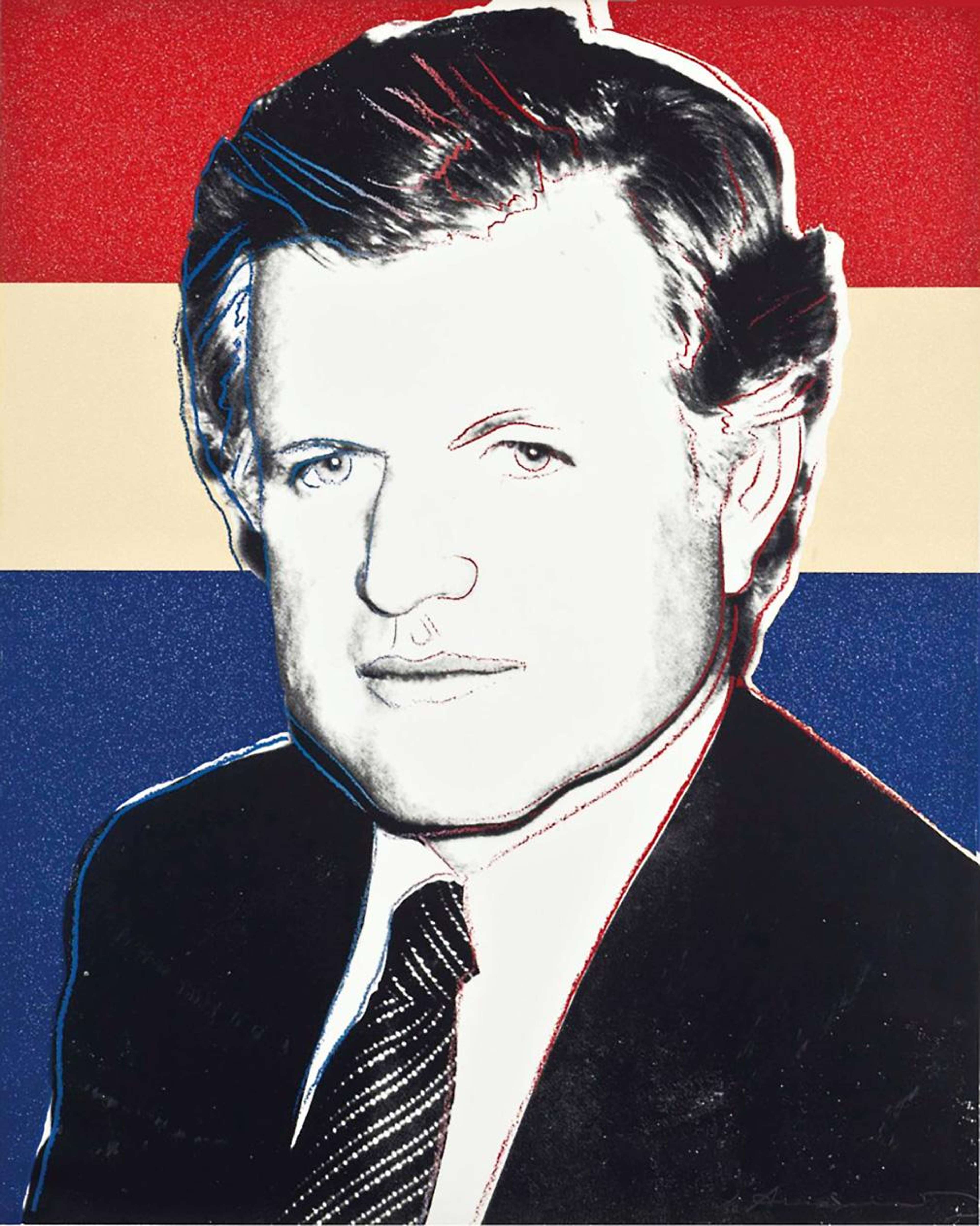 L'estampe présente un portrait de l'homme politique américain Edward Kennedy, posant avec assurance dans un costume et une cravate élégants. Kennedy est rendu en noir et blanc sur un fond rayé rouge, blanc et bleu. Warhol ajoute des lignes gestuelles colorées à l'image de Kennedy pour souligner ses traits du visage et sa chevelure.